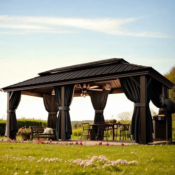 SANOPY 10x15ft Hardtop Gazebo Outdoor with Netting and Curtains Patio Gazebo Canopy Tent for Shade and Rain Double Roof Aluminum Permanent Gazebo Canopy for Garden, Backyard