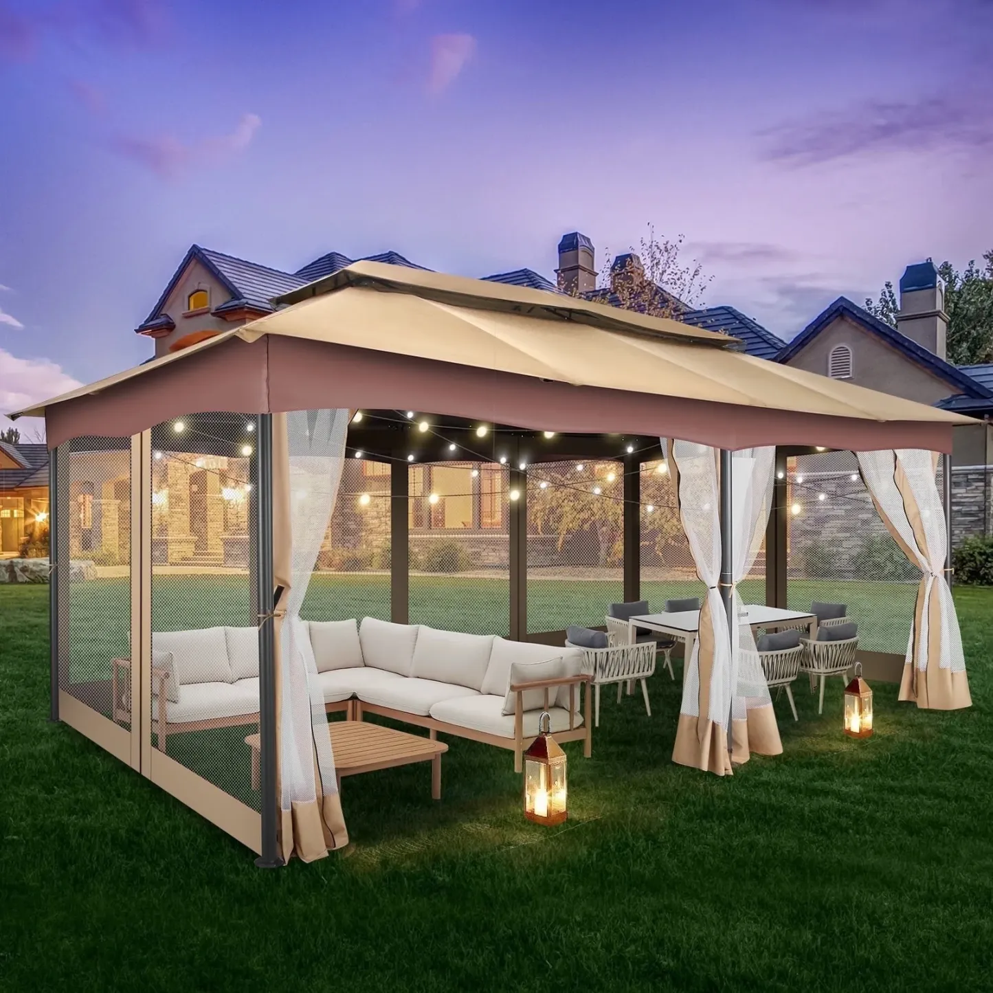 SANOPY 10'x13.3' Metal Patio Gazebo, Outdoor Gazebo Canopy Tent for Backyard with Mesh Curtains, Gazebos Shelter with Display Shelves, Steel Frame, Patio Covers for Tailgate