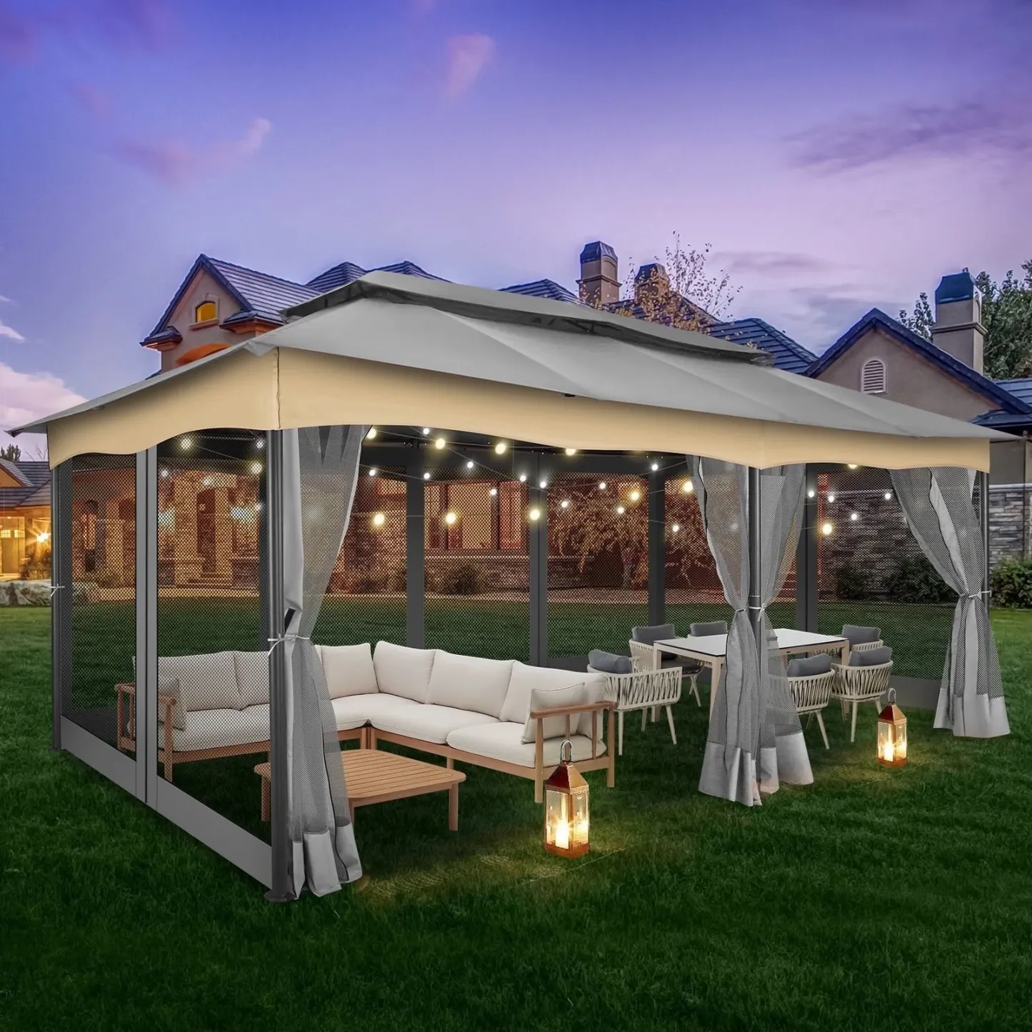 SANOPY 10'x13.3' Metal Patio Gazebo, Outdoor Gazebo Canopy Tent for Backyard with Mesh Curtains, Gazebos Shelter with Display Shelves, Steel Frame, Patio Covers for Tailgate