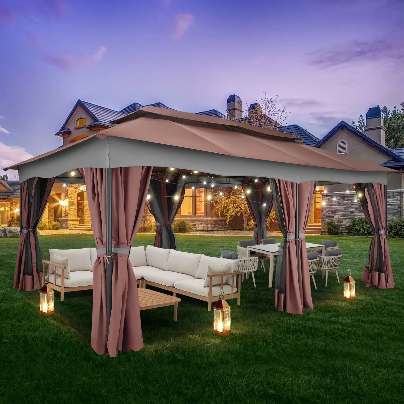 SANOPY 10'x13.3' Metal Patio Gazebo, Outdoor Gazebo Canopy Tent for Backyard with Mesh Curtains, Gazebos Shelter with Display Shelves, Steel Frame, Patio Covers for Tailgate