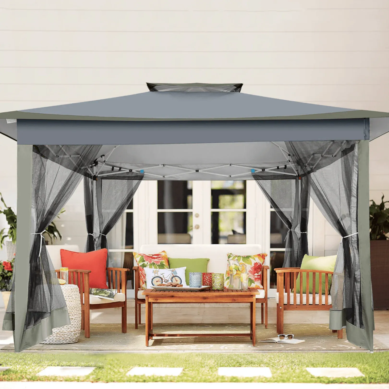 SANOPY 11 x 11 ft Outdoor Patio Gazebo with Ventilated Double Roof and Mosquito Net, Pop up Steel Canopy for Patios, Backyard, Garden and Beach