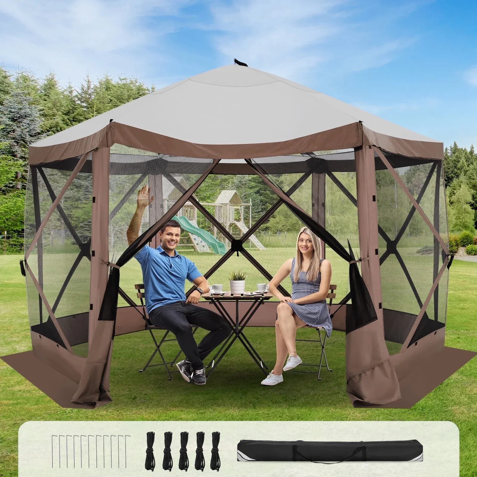 SANOPY 12'x12' Gazebo Outdoor Pop up Gazebo Screen Tent with 6 Sides Mosquito Netting Camping Gazebo Instant Shelter Glamping Tent with Carry bag, Ground Spike, Gray