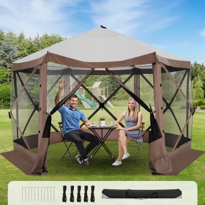 SANOPY 12'x12' Gazebo Outdoor Pop up Gazebo Screen Tent with 6 Sides Mosquito Netting Camping Gazebo Instant Shelter Glamping Tent with Carry bag, Ground Spike, Gray