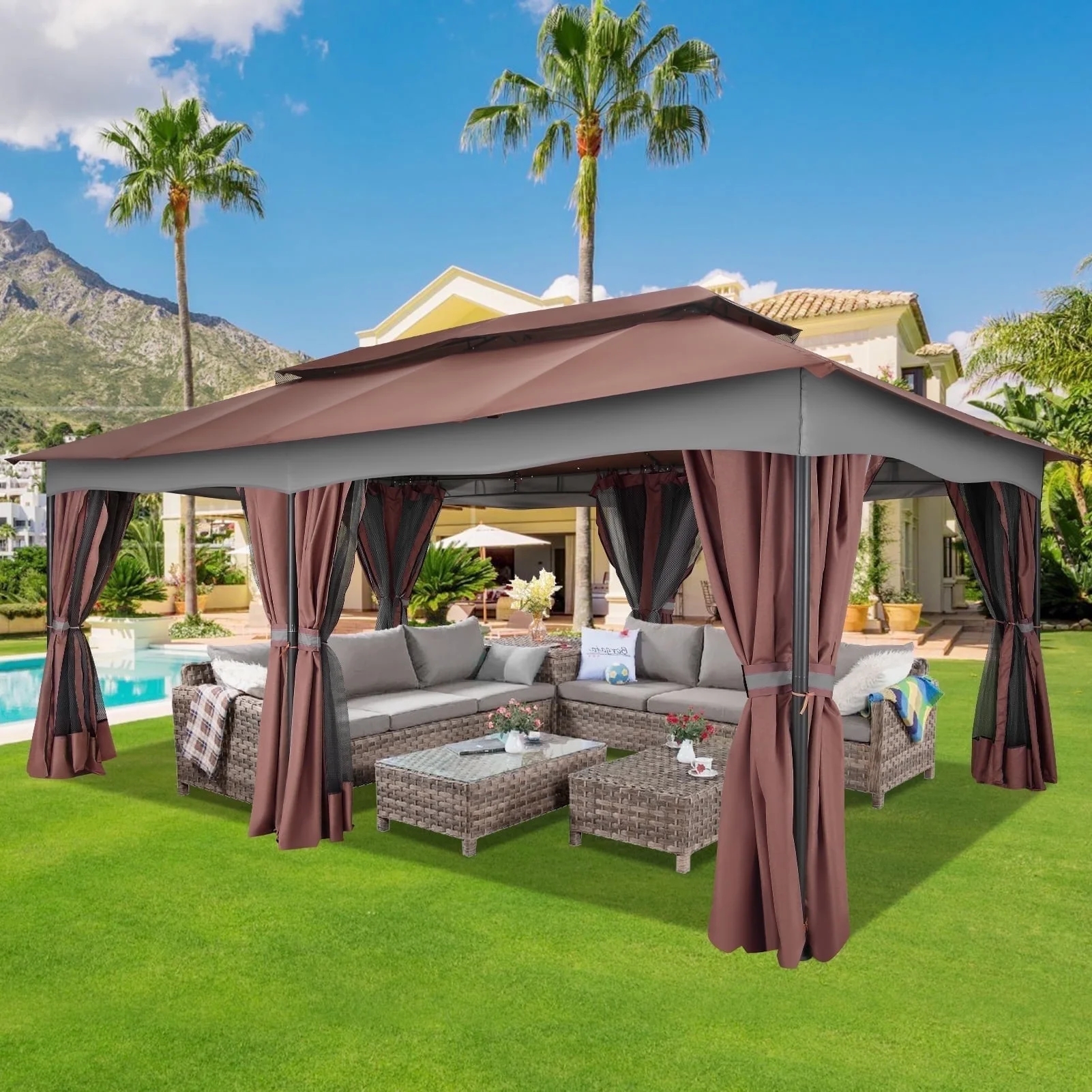 SANOPY 10'x13.3' Metal Patio Gazebo, Outdoor Gazebo Canopy Tent for Backyard with Mesh Curtains, Gazebos Shelter with Display Shelves, Steel Frame, Patio Covers for Tailgate