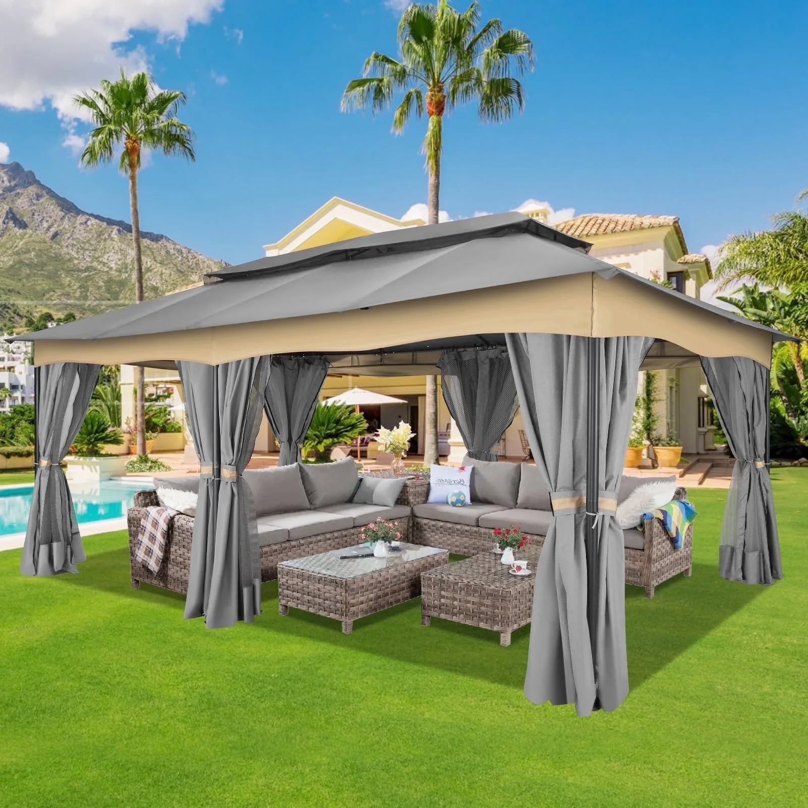 SANOPY 10'x13.3' Metal Patio Gazebo, Outdoor Gazebo Canopy Tent for Backyard with Mesh Curtains, Gazebos Shelter with Display Shelves, Steel Frame, Patio Covers for Tailgate
