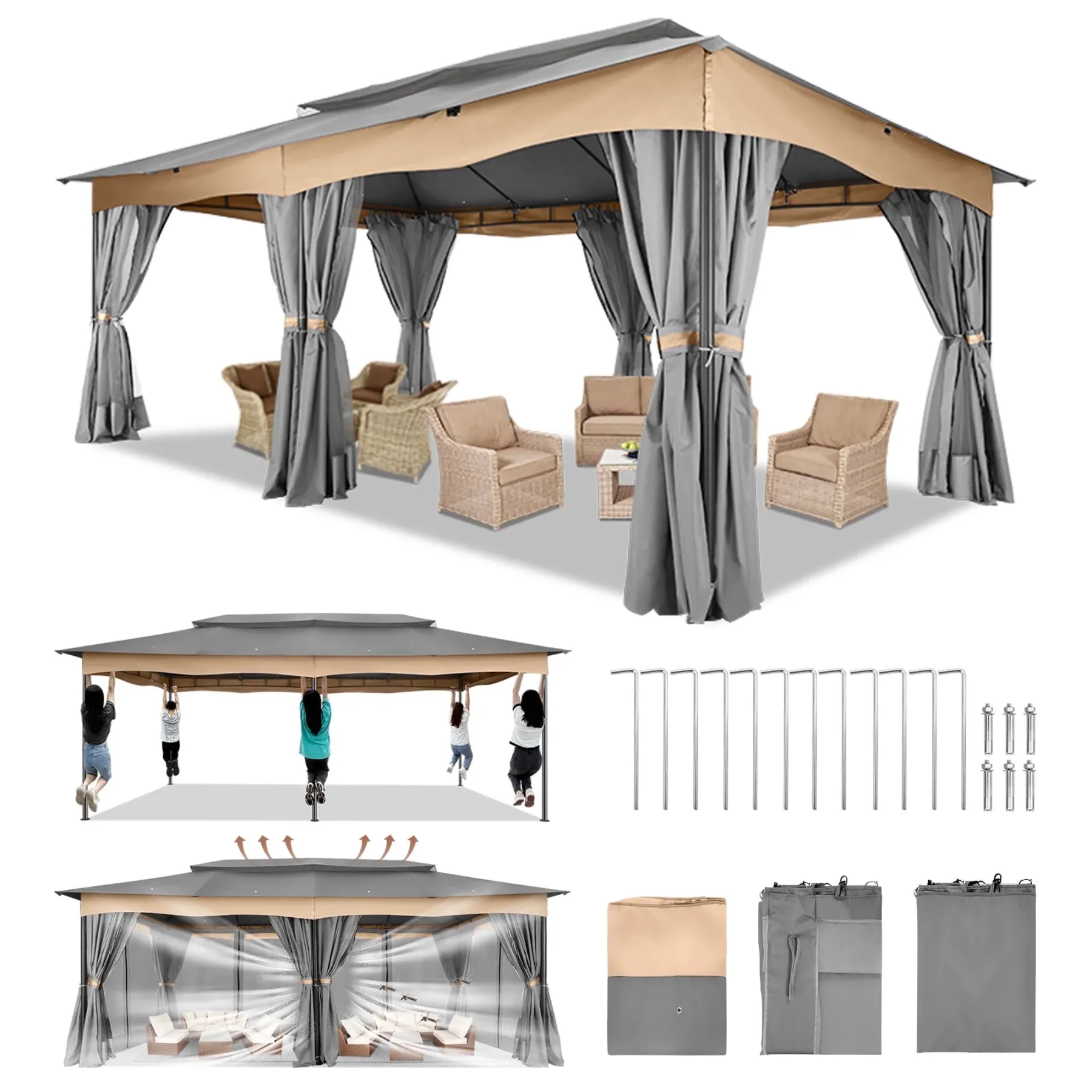 SANOPY 12x20ft Heavy Duty Gazebo with Metal Steel Frame Sturdy Tent wi