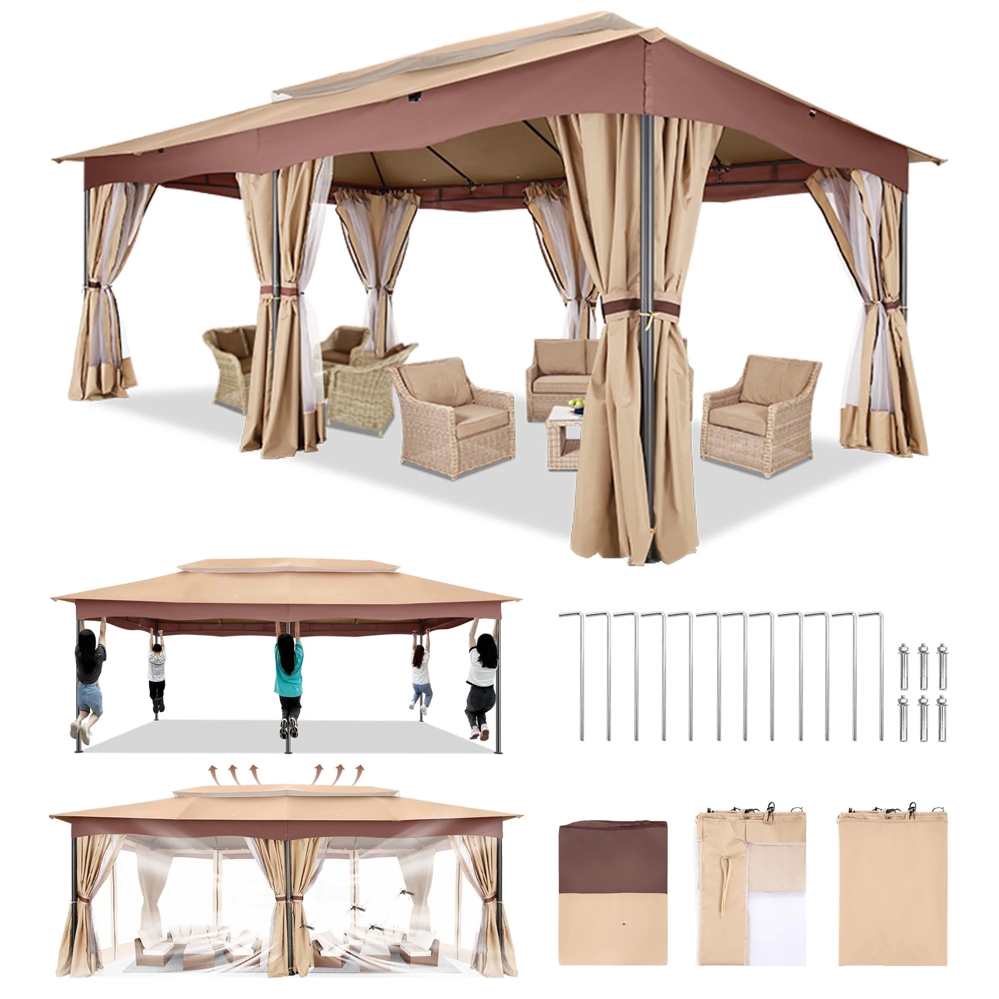 SANOPY 12x20ft Heavy Duty Gazebo with Metal Steel Frame Sturdy Tent with Privacy Curtain and Mosquito Netting Outdoor Gazebo for Garden, Lawn, Backyard, Garage,Brown
