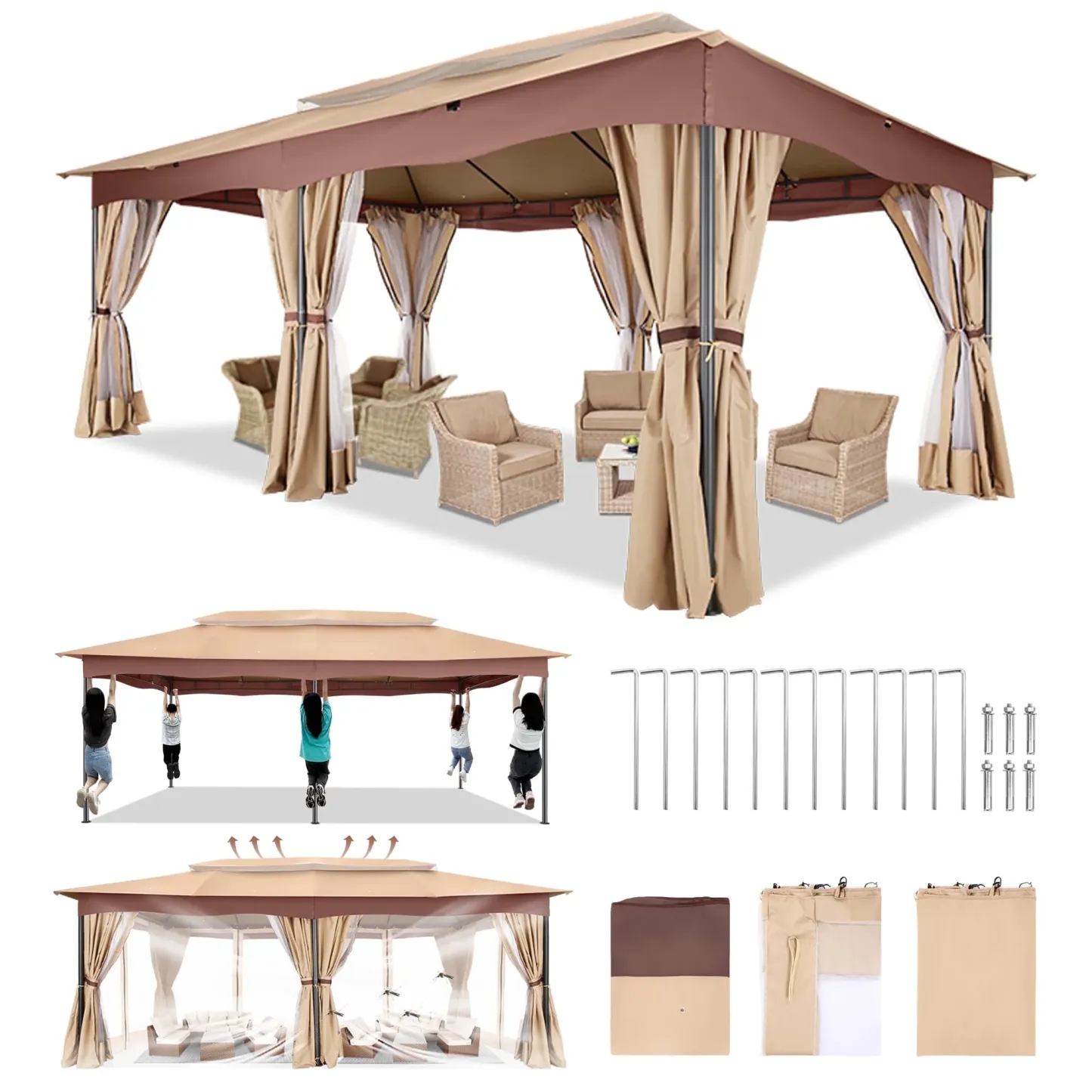 SANOPY 12x20ft Heavy Duty Gazebo with Metal Steel Frame Sturdy Tent with Privacy Curtain and Mosquito Netting Outdoor Gazebo for Garden, Lawn, Backyard, Garage,Brown