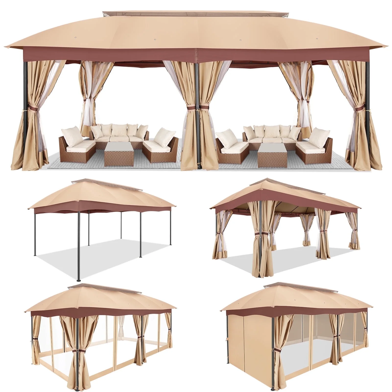 SANOPY 12x20ft Heavy Duty Gazebo with Metal Steel Frame Sturdy Tent with Privacy Curtain and Mosquito Netting Outdoor Gazebo for Garden, Lawn, Backyard, Garage,Brown