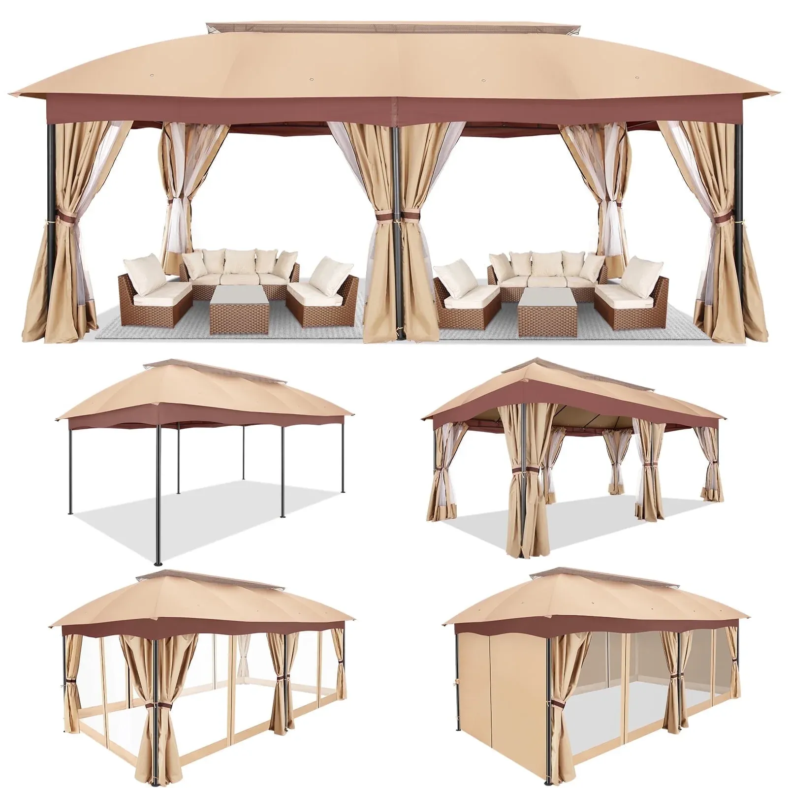 SANOPY 12x20ft Heavy Duty Gazebo with Metal Steel Frame Sturdy Tent with Privacy Curtain and Mosquito Netting Outdoor Gazebo for Garden, Lawn, Backyard, Garage,Brown