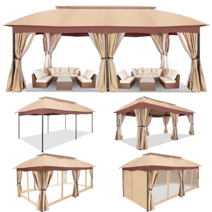 SANOPY 12x20ft Heavy Duty Gazebo with Metal Steel Frame Sturdy Tent with Privacy Curtain and Mosquito Netting Outdoor Gazebo for Garden, Lawn, Backyard, Garage,Brown