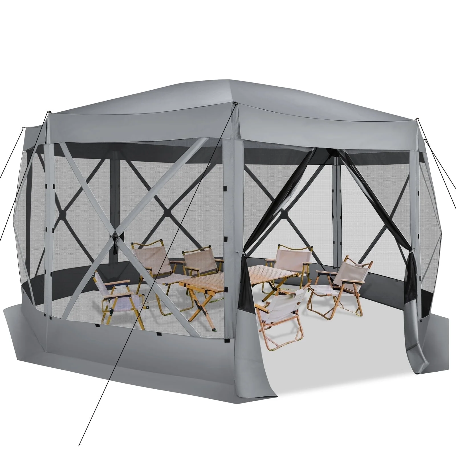 SANOPY 15'x15' Pop up Gazebo 8-Sided Outdoor Screen Gazebo with Netting & Sidewalls Camping Gazebo Instant Shelter Glamping Tent w/ Carrying Bag for Backyard Garden, Gray