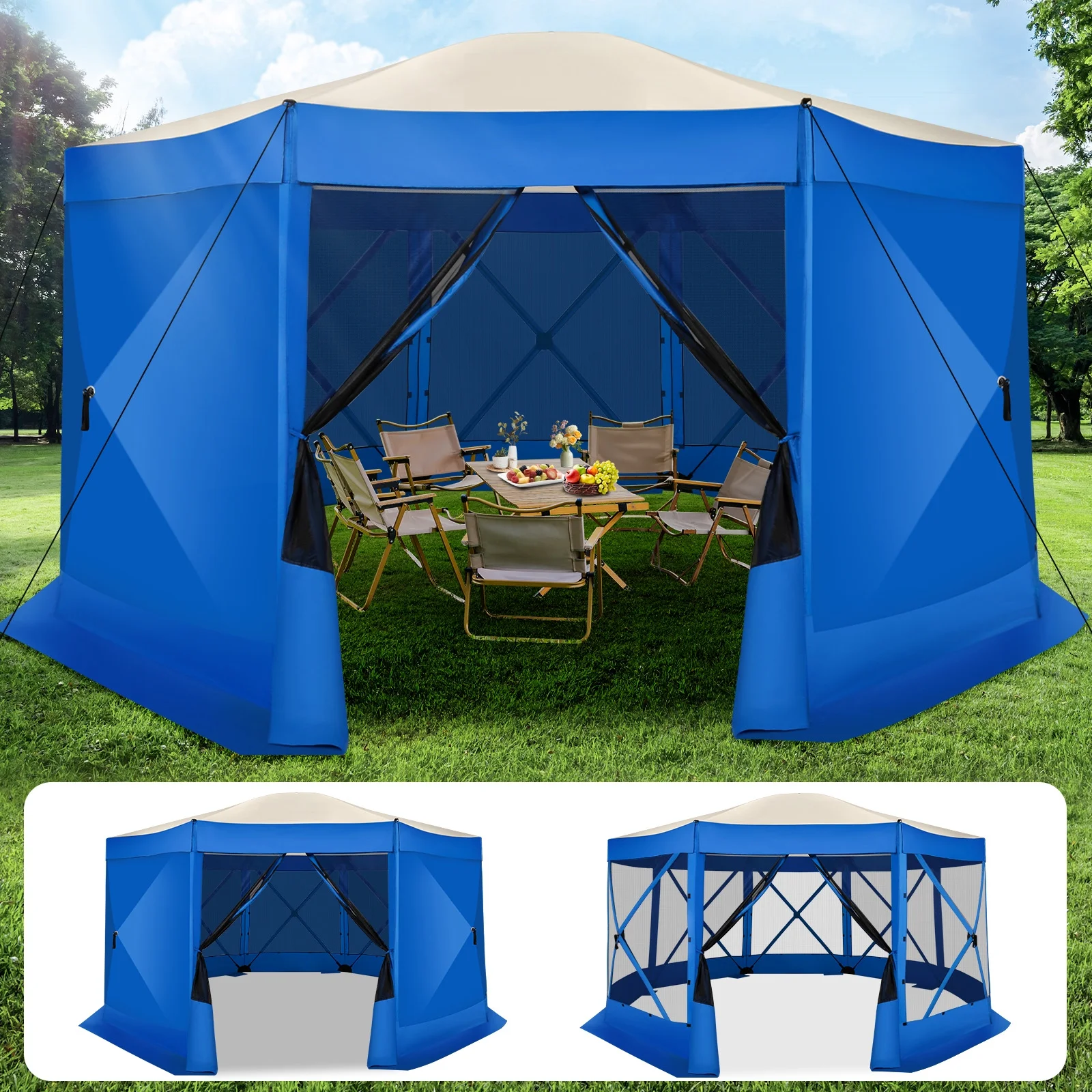 SANOPY 15'x15' Pop up Gazebo 8-Sided Outdoor Screen Gazebo with Netting & Sidewalls Camping Gazebo Instant Shelter Glamping Tent w/ Carrying Bag for Backyard Garden, Gray