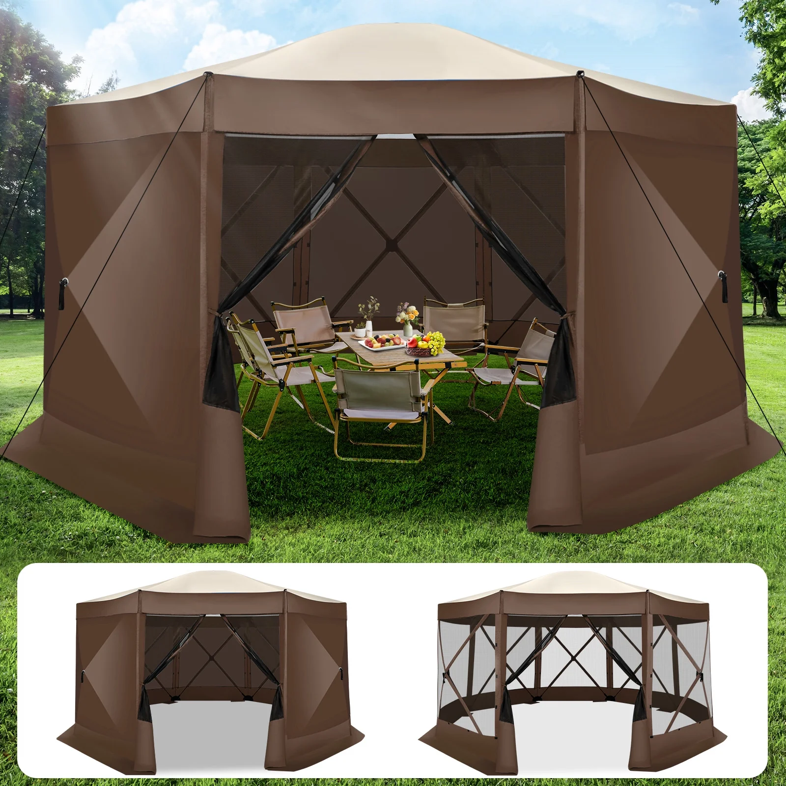 SANOPY 15'x15' Pop up Gazebo 8-Sided Outdoor Screen Gazebo with Netting & Sidewalls Camping Gazebo Instant Shelter Glamping Tent w/ Carrying Bag for Backyard Garden, Gray