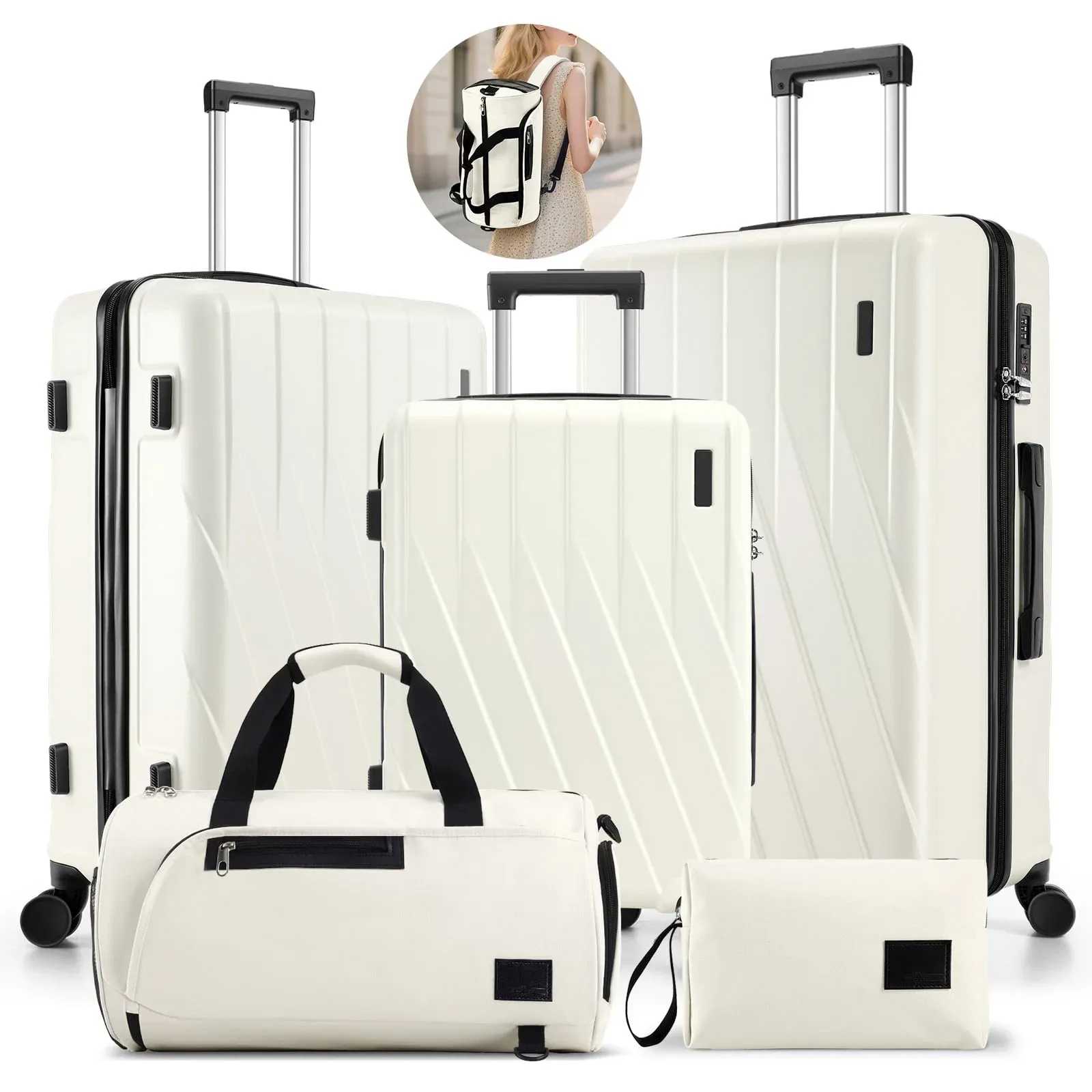 SANOPY 3-Piece Travel System: 20" Hardshell PC Suitcase (TSA Lock) + Convertible Gym Bag (Backpack/Crossbody/Tote) + Leak-Proof Cosmetic Organizer | Steel Handle, 360° Silent Wheels, 3-Year Warranty