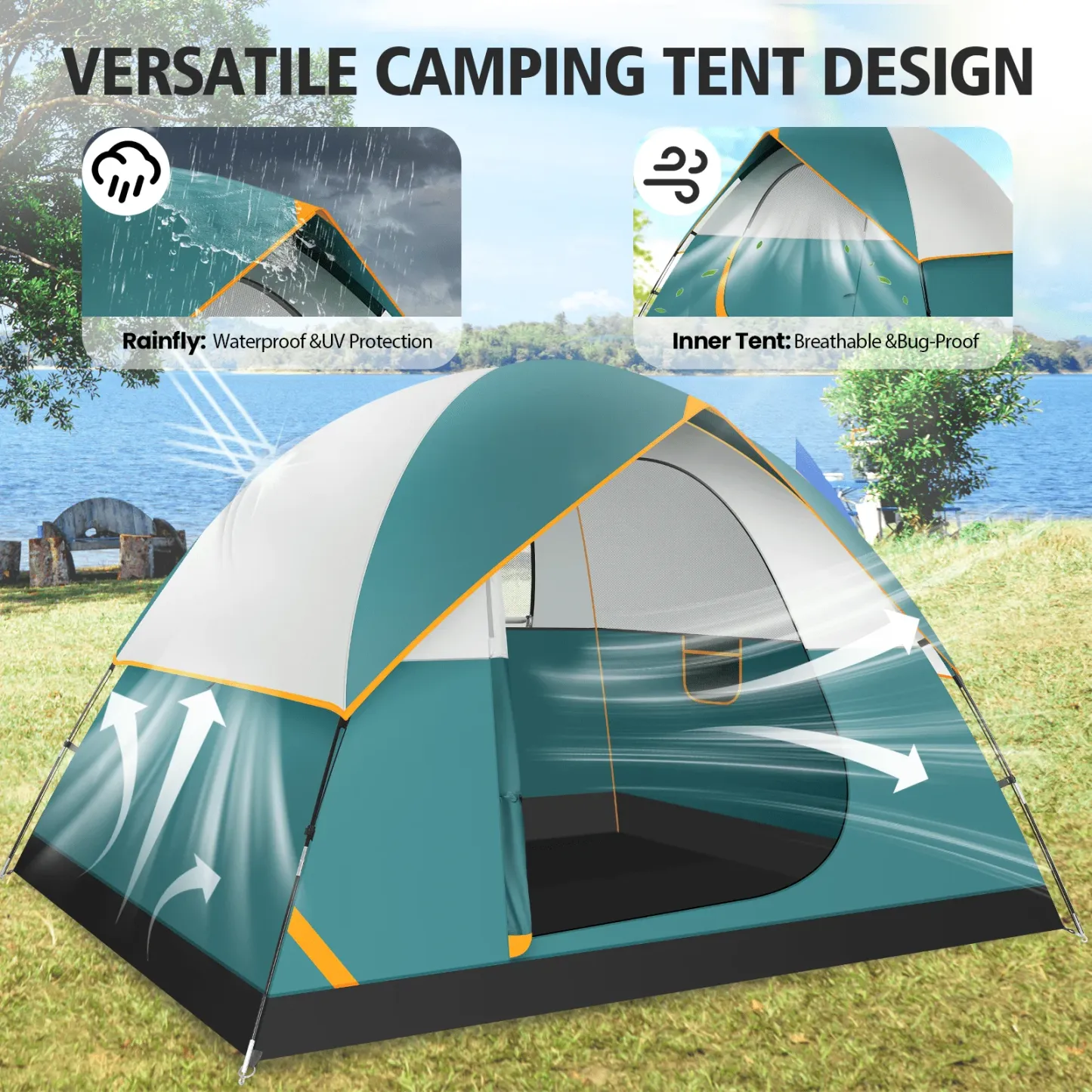 SANOPY 4 Person Camping Tent - Waterproof, Windproof, Lightweight & Easy Setup with Detachable Rainfly, Mesh Windows & Carry Bag for Camping, Hiking, Travel, Beach, and Festivals