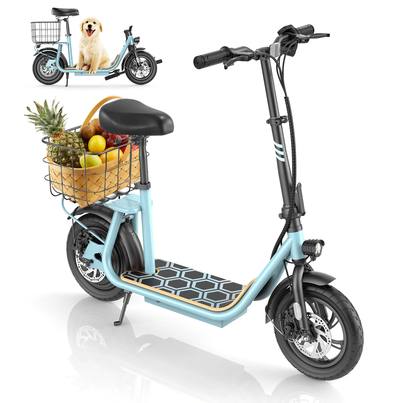 SANOPY 500W Electric Scooter with Seat for Adults, 20 Miles Max Range, 20 MPH Top Speed, 12" Tires Foldable E-Bike for Commuting with Carry Basket, White