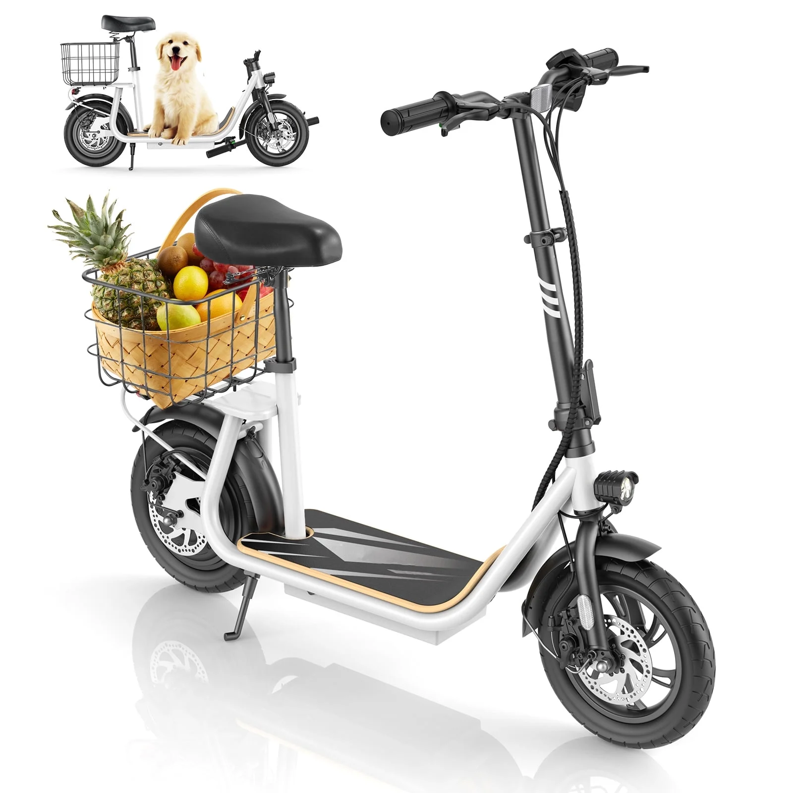 SANOPY 500W Electric Scooter with Seat for Adults, 20 Miles Max Range, 20 MPH Top Speed, 12" Tires Foldable E-Bike for Commuting with Carry Basket, White