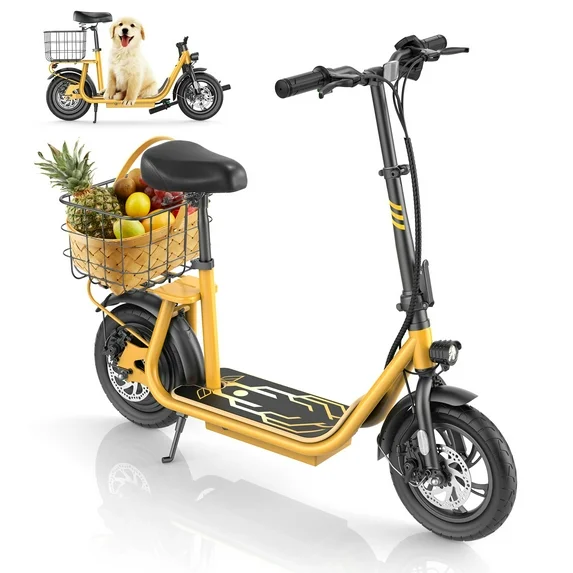 SANOPY 500W Electric Scooter with Seat for Adults, 20 Miles Max Range, 20 MPH Top Speed, 12" Tires Foldable E-Bike for Commuting with Carry Basket, White