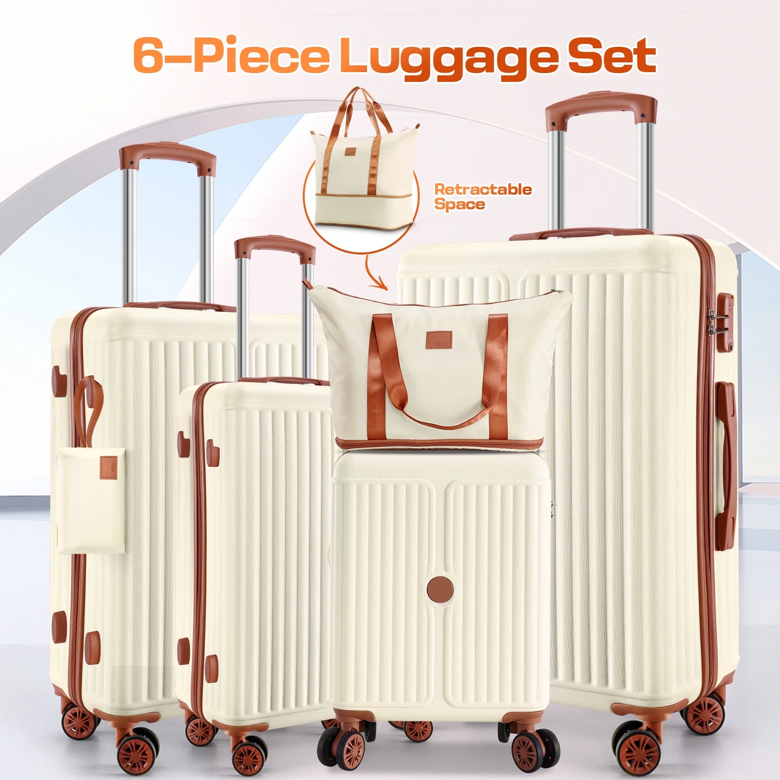 SANOPY 6-Piece Luggage Set with Cosmetic Bag & Duffle, 16” + 20” + 24” + 28” Durable ABS+PC, Smooth-Spinning Wheels & TSA Lock Included