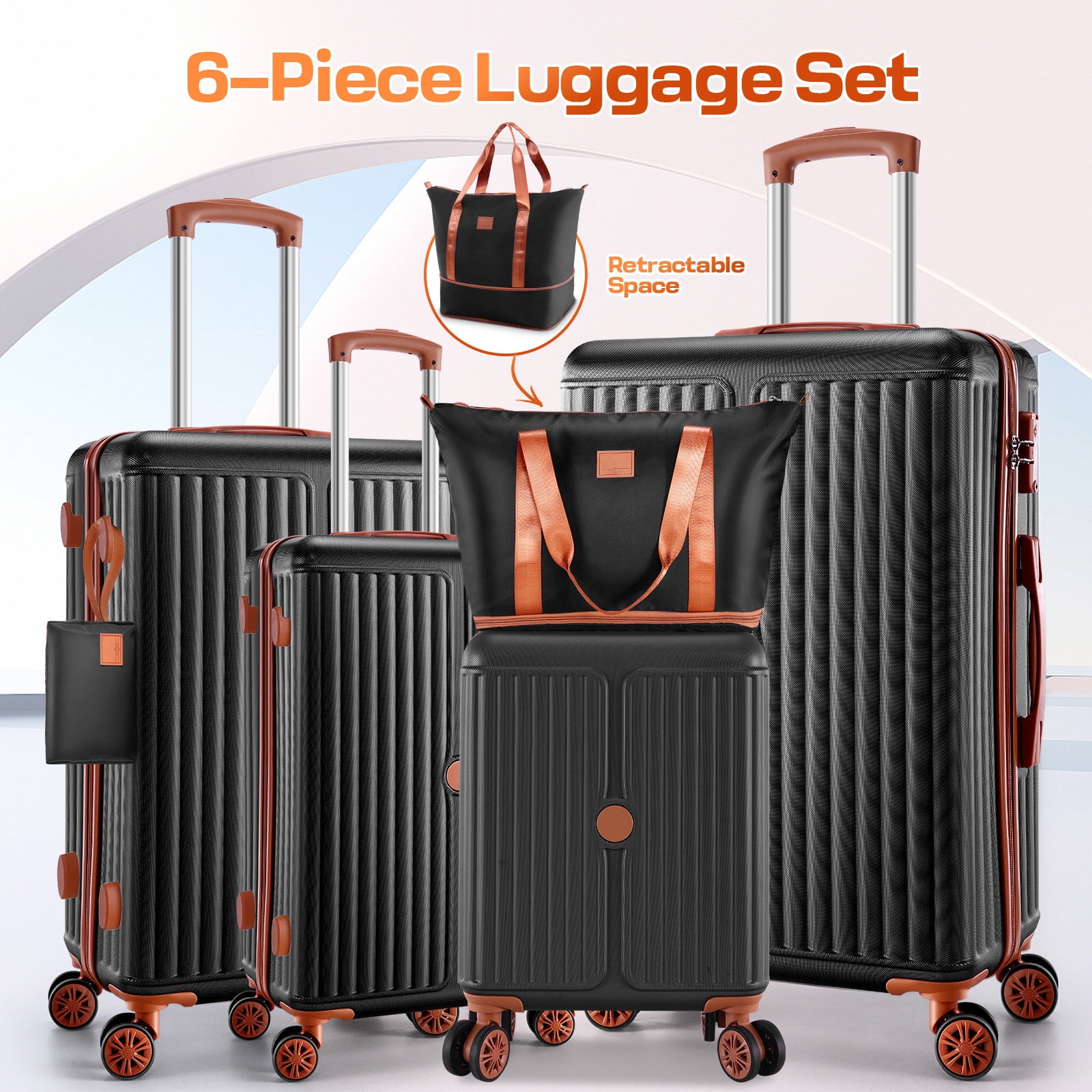 SANOPY 6-Piece Luggage Set with Cosmetic Bag & Duffle, 16” + 20” + 24” + 28” Durable ABS+PC, Smooth-Spinning Wheels & TSA Lock Included