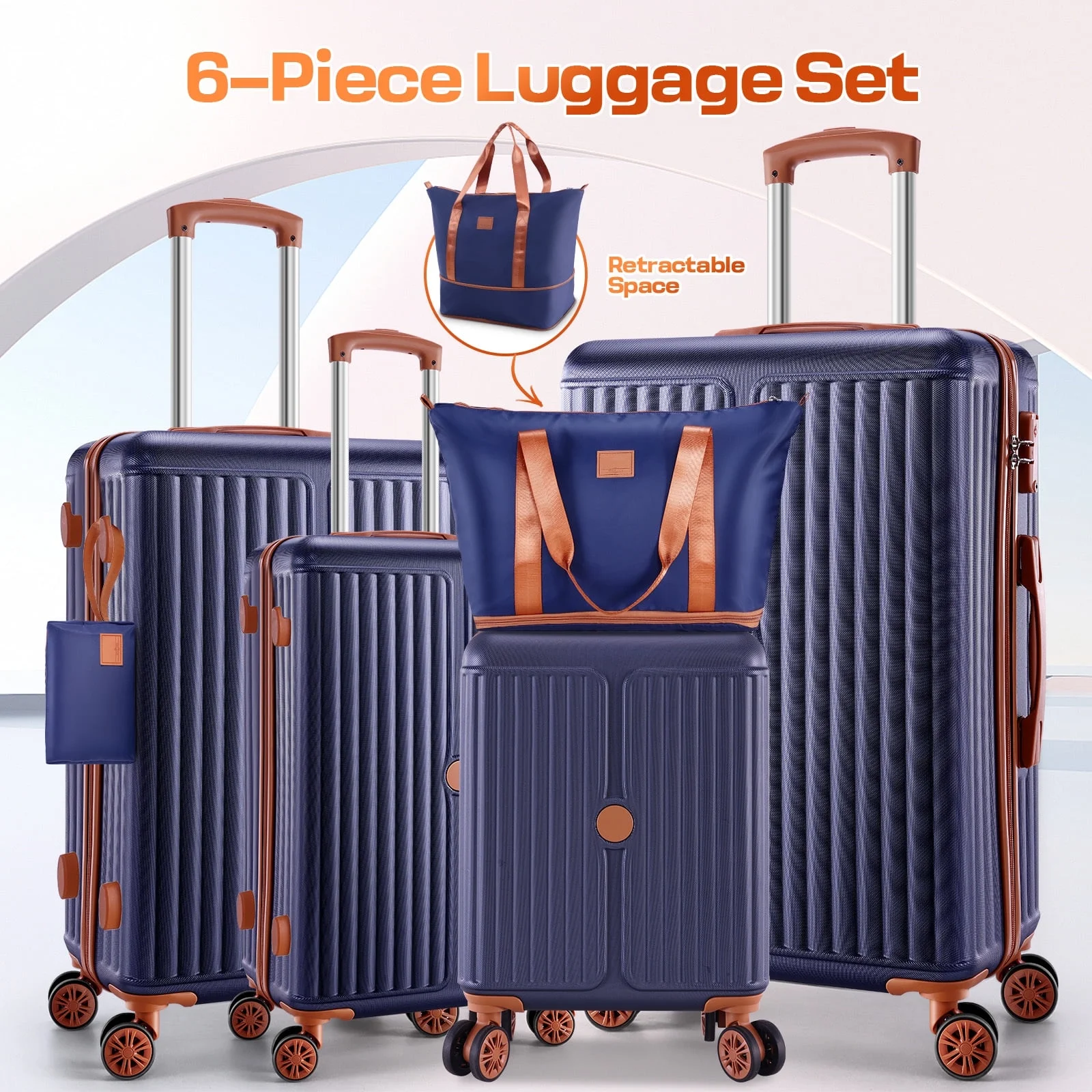 SANOPY 6-Piece Luggage Set with Cosmetic Bag & Duffle, 16” + 20” + 24” + 28” Durable ABS+PC, Smooth-Spinning Wheels & TSA Lock Included