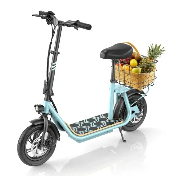SANOPY 500W Electric Scooter with Seat for Adults, 20 Miles Max Range, 20 MPH Top Speed, 12" Tires Foldable E-Bike for Commuting with Carry Basket, White