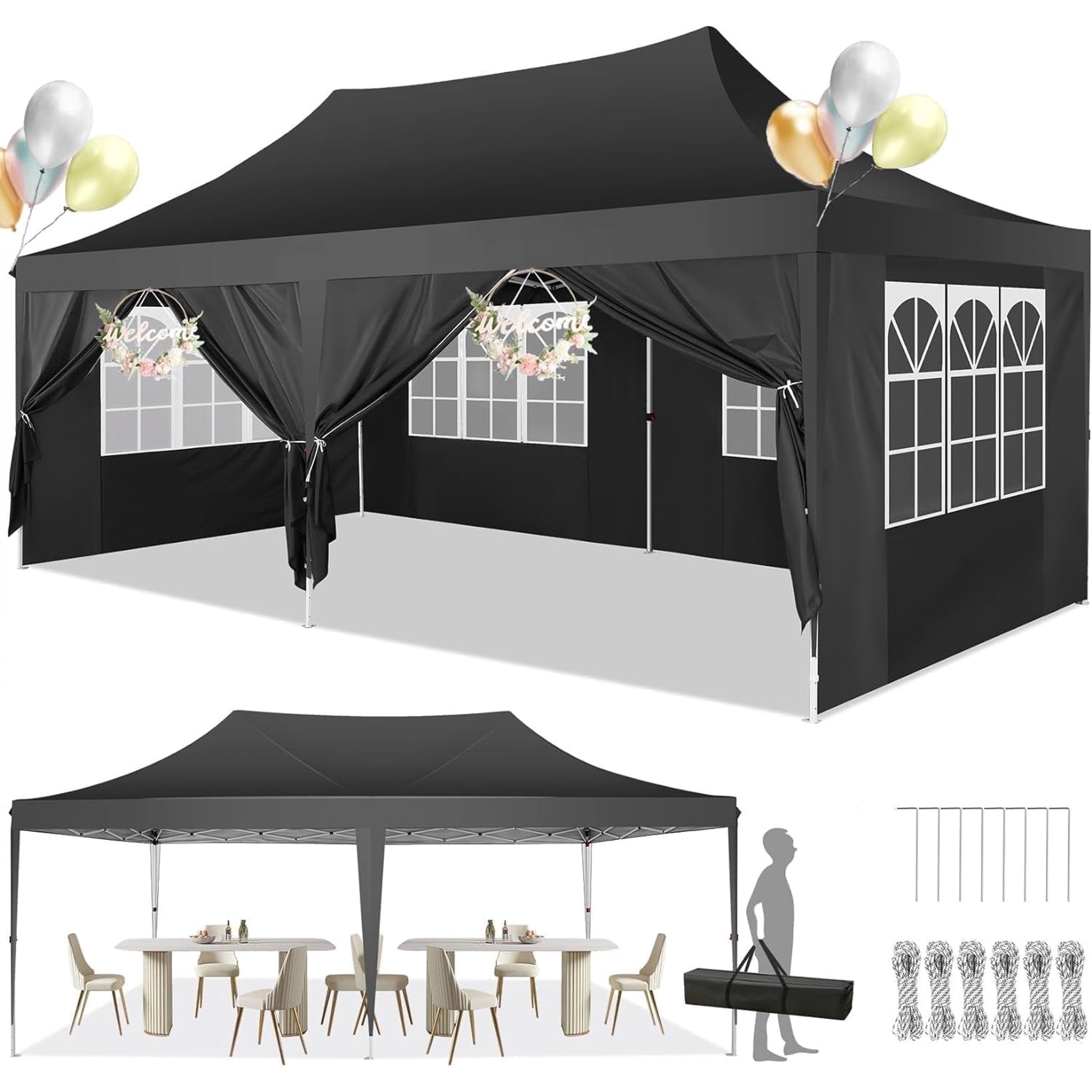 SANOPY Canopy 10' x 20' Pop up Canopy Tent, Adjustable Outdoor Party Canopy Commercial Instant Canopy with 6 Removable Sidewalls, Carry Bag, Black