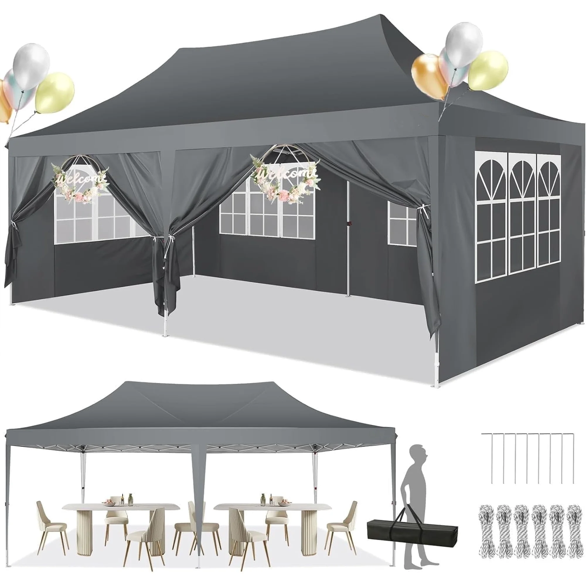 SANOPY 10'x20' Pop up Canopy with 6 Removable Sidewalls Outdoor Commercial Portable Canopy Tent EZ Pop up Canopy Wedding Tent Camping Gazebo Canopy Instant Event Gazebo, White
