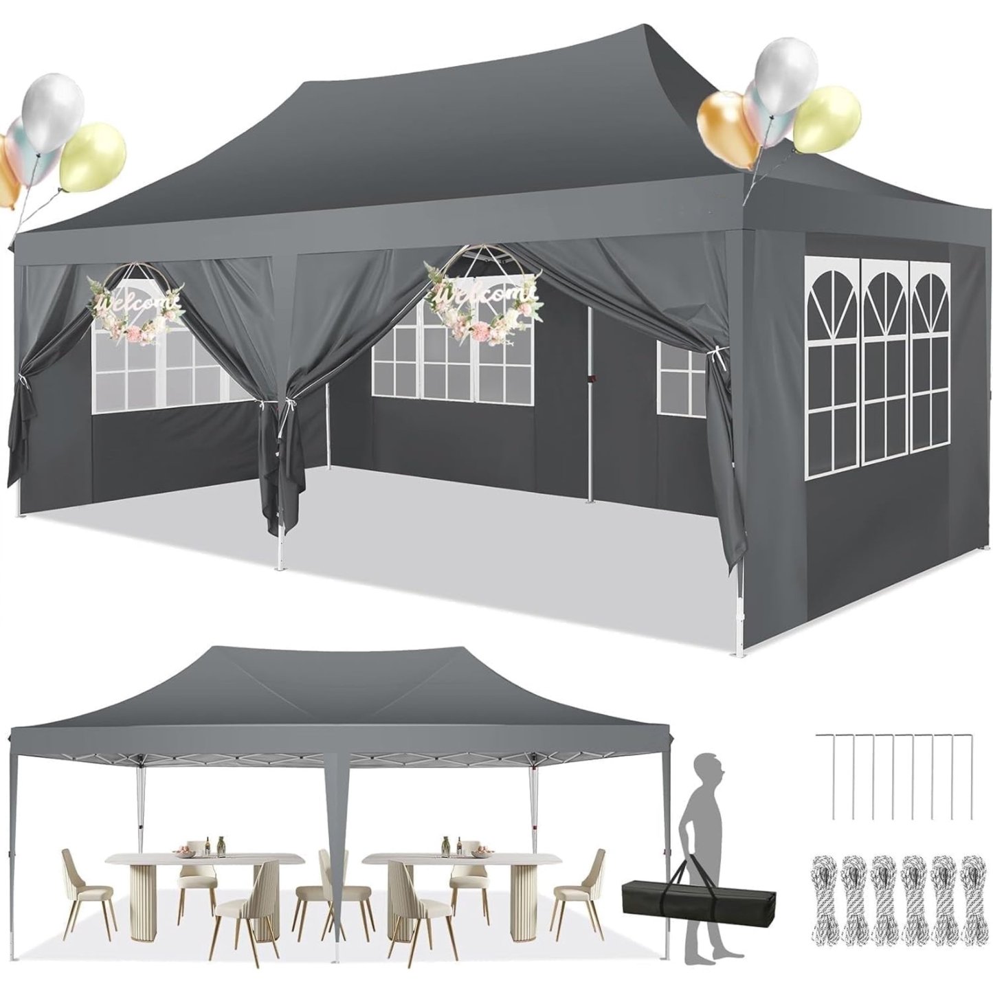 SANOPY Canopy 10' x 20' Pop up Canopy Tent, Adjustable Outdoor Party Canopy Commercial Instant Canopy with 6 Removable Sidewalls, Carry Bag, Black
