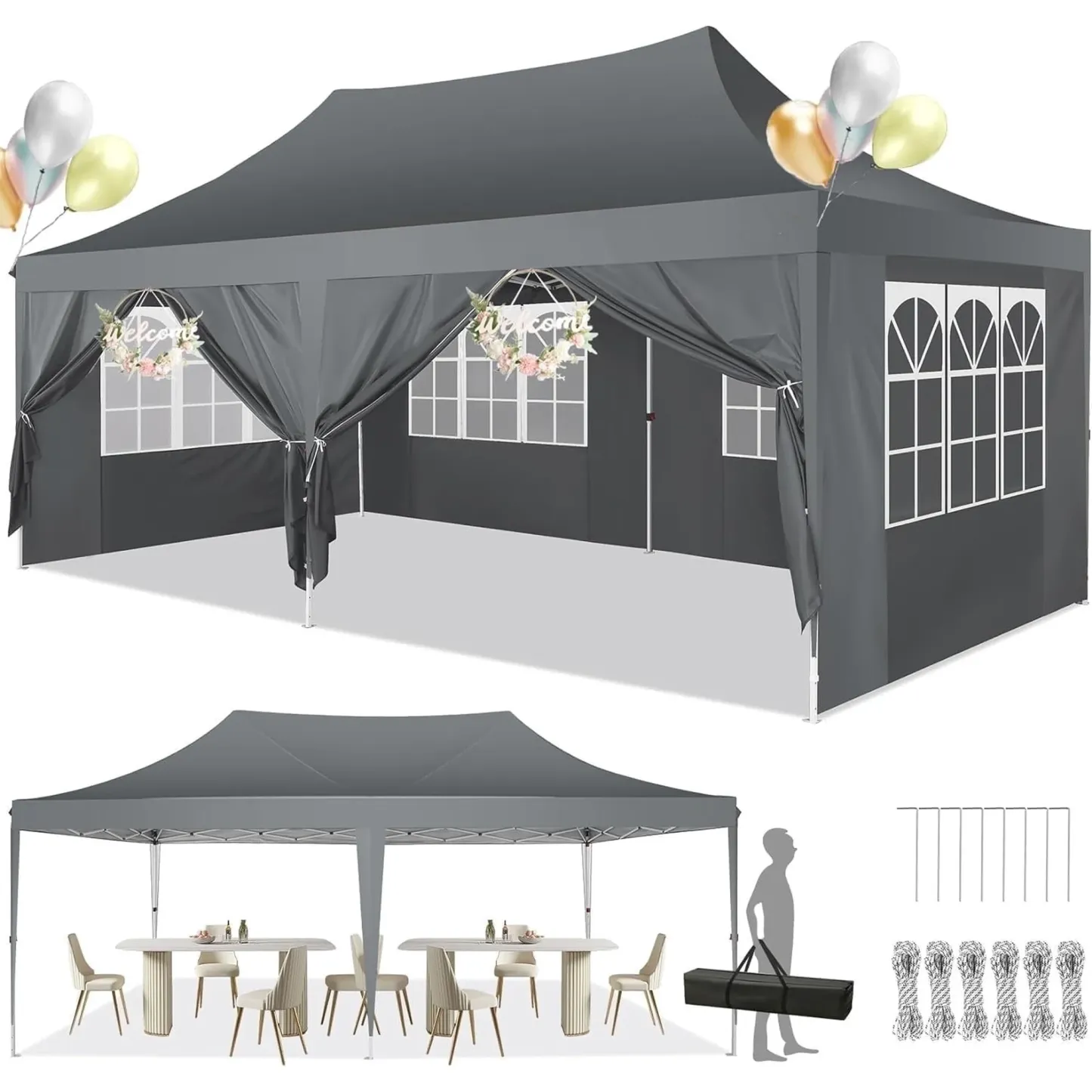 SANOPY 10'x20' Pop up Canopy with 6 Removable Sidewalls Outdoor Commercial Portable Canopy Tent EZ Pop up Canopy Wedding Tent Camping Gazebo Canopy Instant Event Gazebo, White