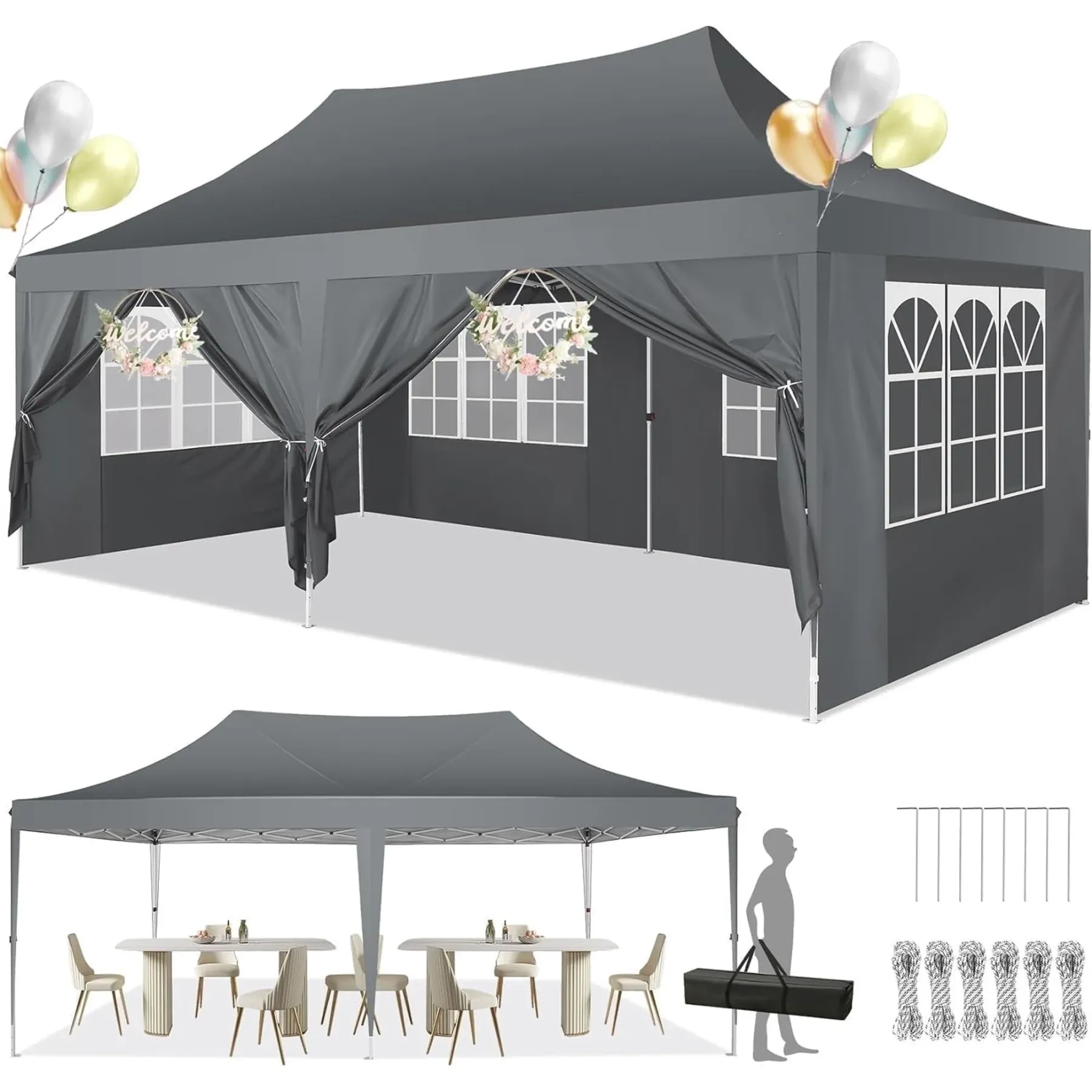 SANOPY 10'x20' Pop up Canopy with 6 Removable Sidewalls Outdoor Commercial Portable Canopy Tent EZ Pop up Canopy Wedding Tent Camping Gazebo Canopy Instant Event Gazebo, White