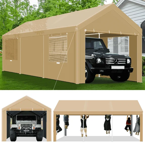 SANOPY Heavy Duty 20x20 ft Carport Portable Garage Car Canopy with Roll-Up Door & 4 Removable Sidewalls, 160G Waterproof Cover Outdoor Car Shelter for Car Truck Boat, Gray
