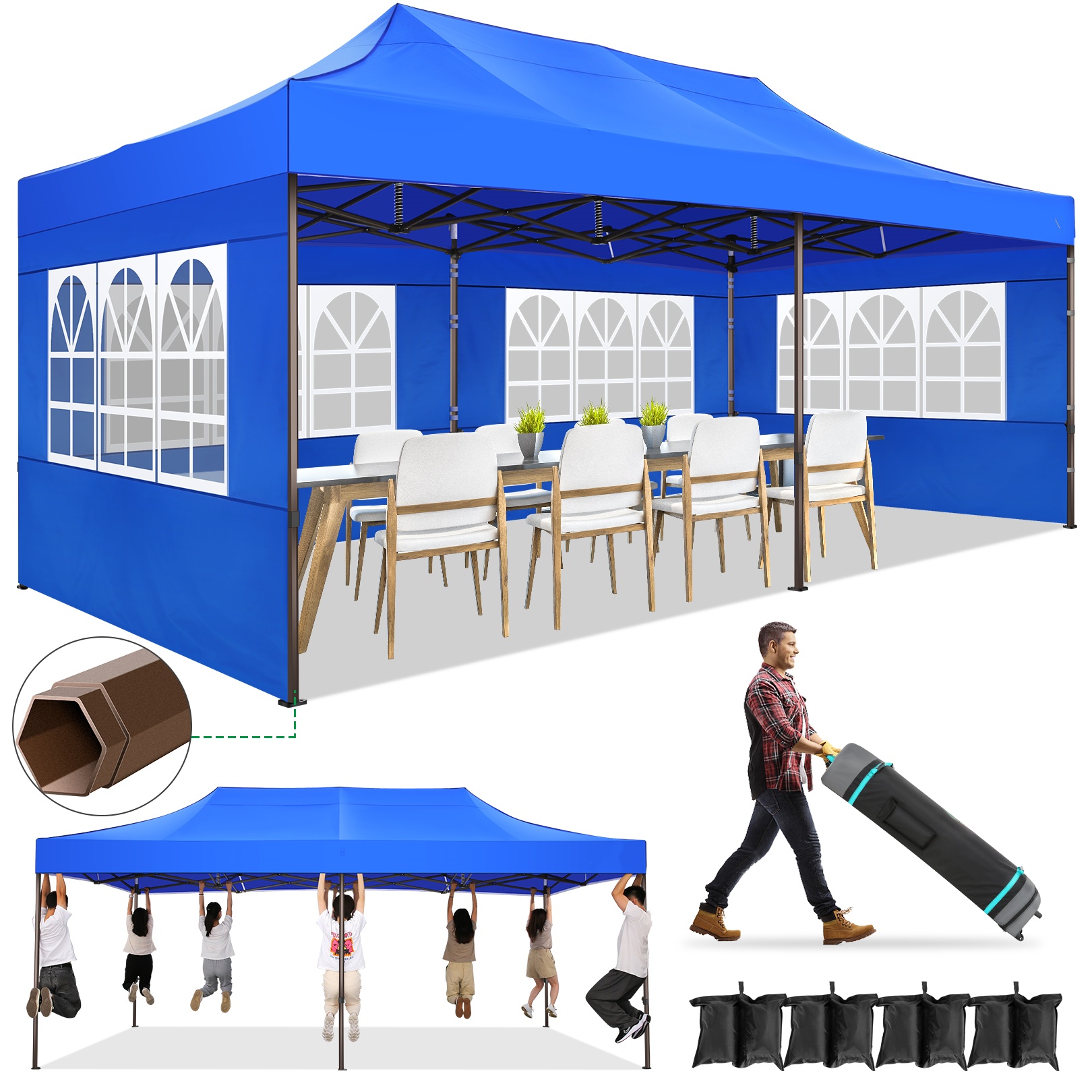 SANOPY Heavy Duty 10'x 30' Pop up Canopy, Commercial Canopy, Waterproof Outdoor Party Tent, Instant Wedding Canopy with 8 Removable Sidewalls, Carrying Bag, 147Ibs, White