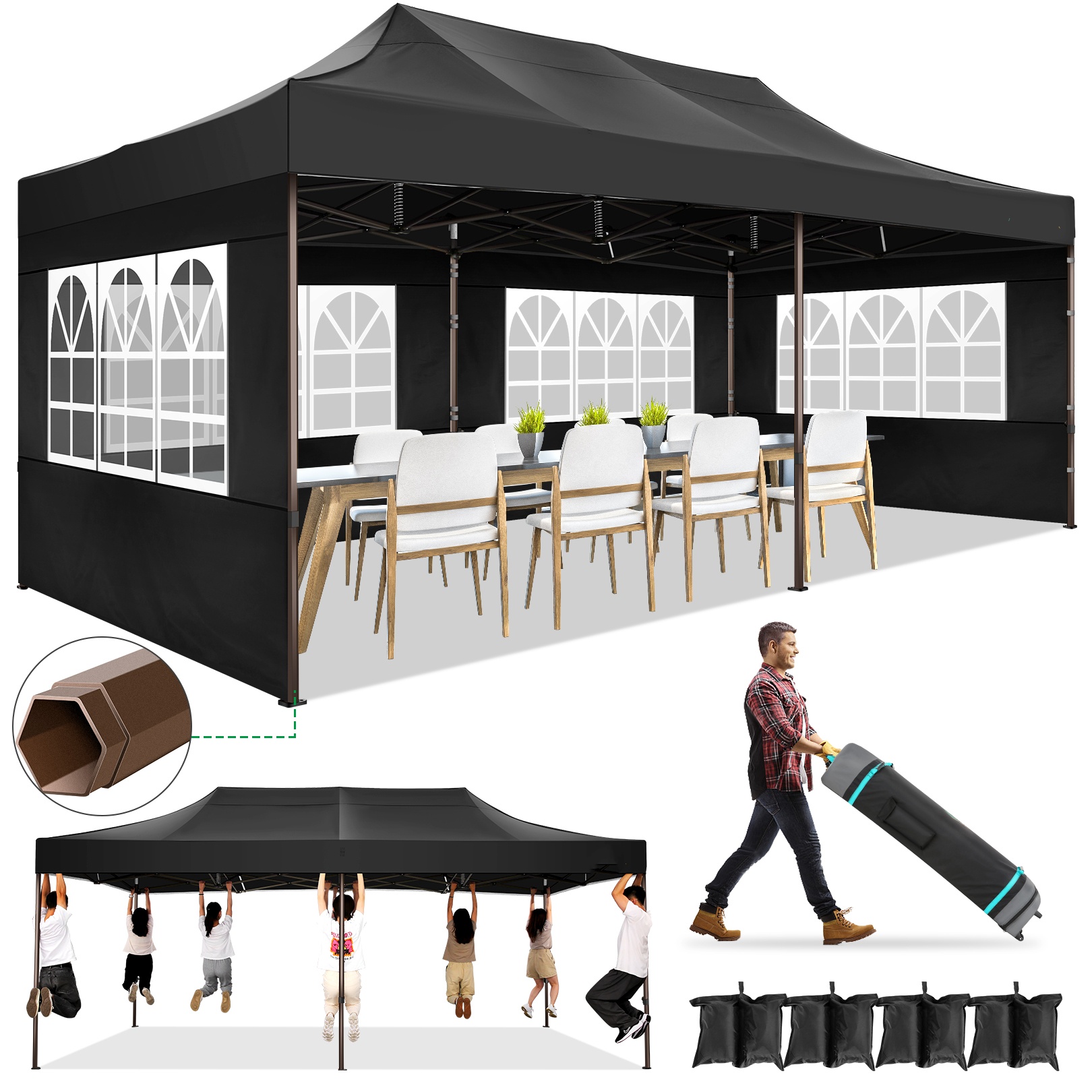 SANOPY Heavy Duty 10'x 30' Pop up Canopy, Commercial Canopy, Waterproof Outdoor Party Tent, Instant Wedding Canopy with 8 Removable Sidewalls, Carrying Bag, 147Ibs, White
