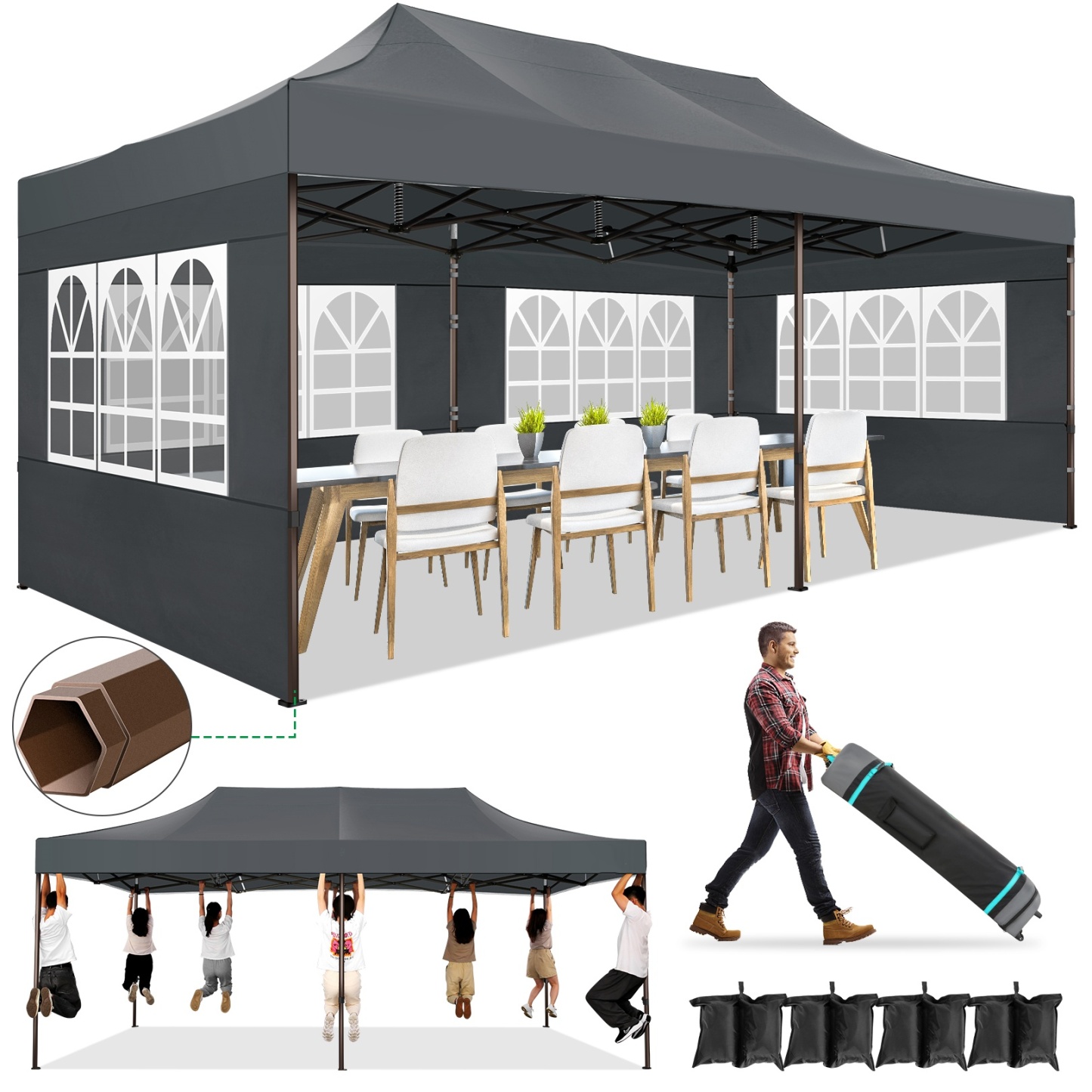 SANOPY Heavy Duty 10'x 30' Pop up Canopy, Commercial Canopy, Waterproof Outdoor Party Tent, Instant Wedding Canopy with 8 Removable Sidewalls, Carrying Bag, 147Ibs, White
