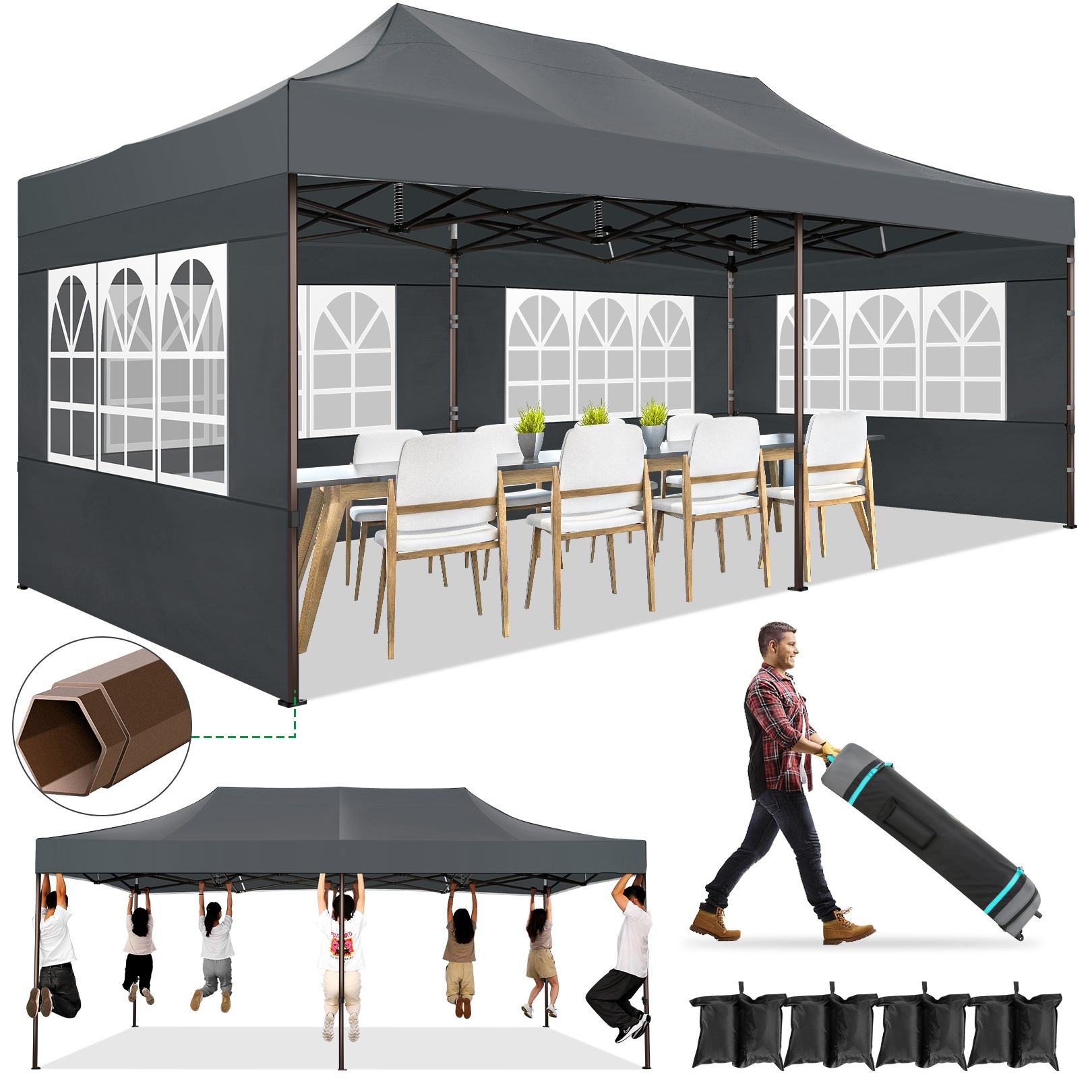 SANOPY Heavy Duty 10'x 30' Pop up Canopy, Commercial Canopy, Waterproof Outdoor Party Tent, Instant Wedding Canopy with 8 Removable Sidewalls, Carrying Bag, 147Ibs, White