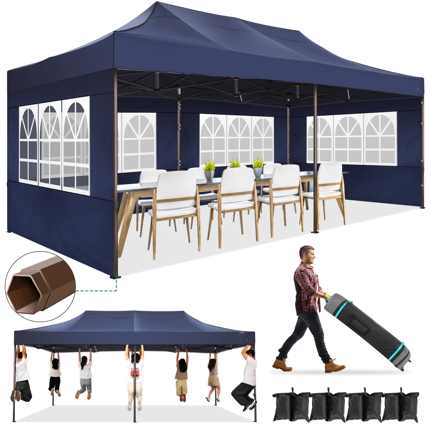 SANOPY Heavy Duty 10'x 30' Pop up Canopy, Commercial Canopy, Waterproof Outdoor Party Tent, Instant Wedding Canopy with 8 Removable Sidewalls, Carrying Bag, 147Ibs, White
