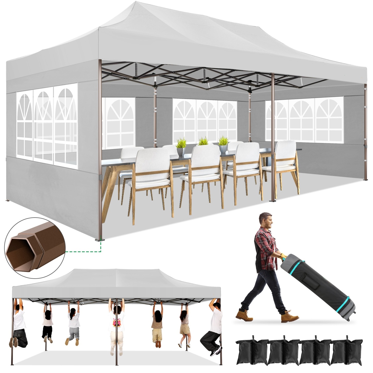 SANOPY Heavy Duty 10'x 30' Pop up Canopy, Commercial Canopy, Waterproof Outdoor Party Tent, Instant Wedding Canopy with 8 Removable Sidewalls, Carrying Bag, 147Ibs, White