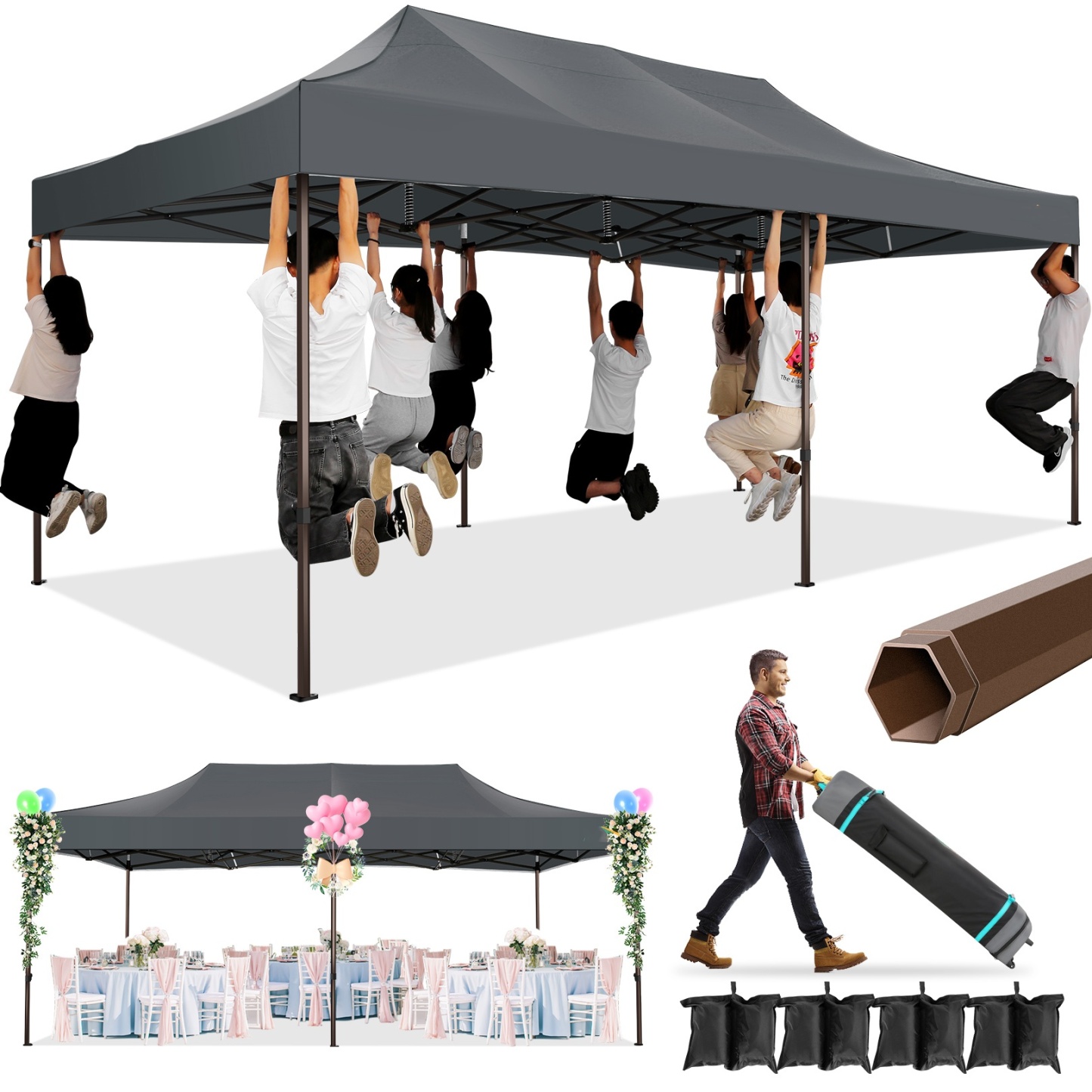 SANOPY 10' x 15' Heavy Duty Pop up Canopy, Instant Commercial Tent for Party with White Upgraded Hexagonal Bracket, Portable Gazebo with 4 Sangbags, Roller Bag, White