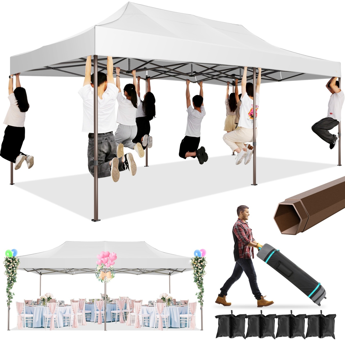 SANOPY 10' x 15' Heavy Duty Pop up Canopy, Instant Commercial Tent for Party with White Upgraded Hexagonal Bracket, Portable Gazebo with 4 Sangbags, Roller Bag, White