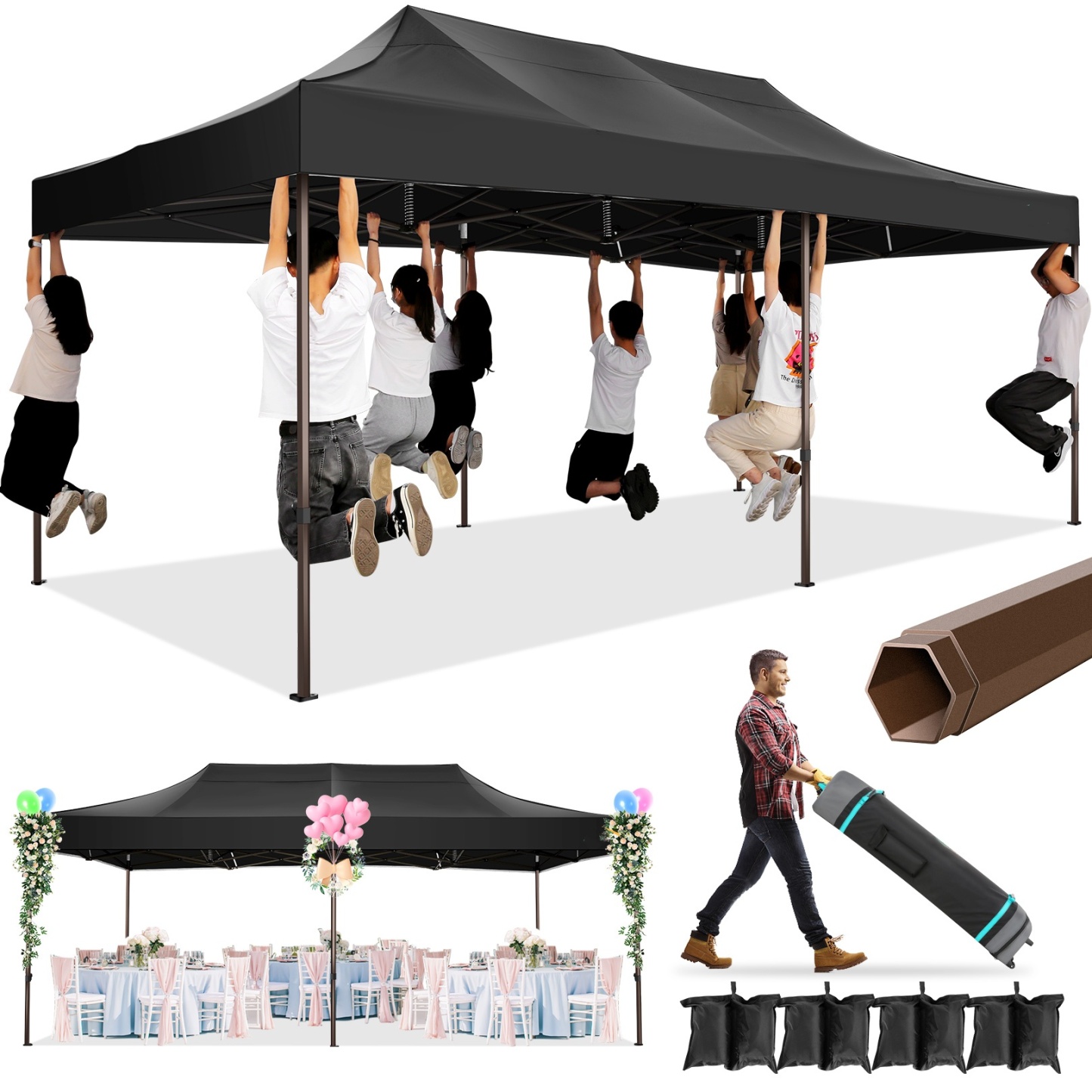 SANOPY 10' x 15' Heavy Duty Pop up Canopy, Instant Commercial Tent for Party with White Upgraded Hexagonal Bracket, Portable Gazebo with 4 Sangbags, Roller Bag, White