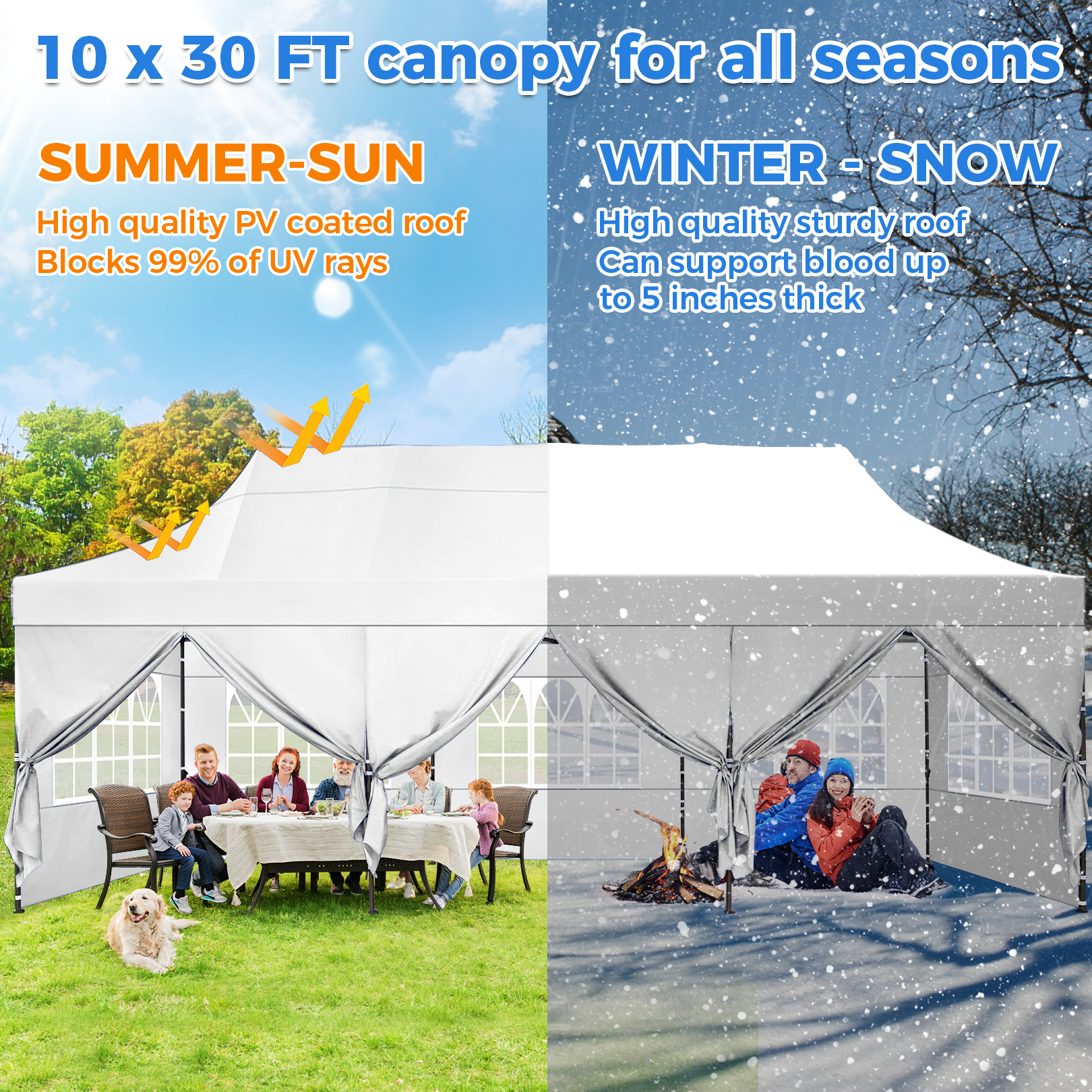 SANOPY Heavy Duty 10'x 30' Pop up Canopy, Commercial Canopy, Waterproof Outdoor Party Tent, Instant Wedding Canopy with 8 Removable Sidewalls, Carrying Bag, 147Ibs, White