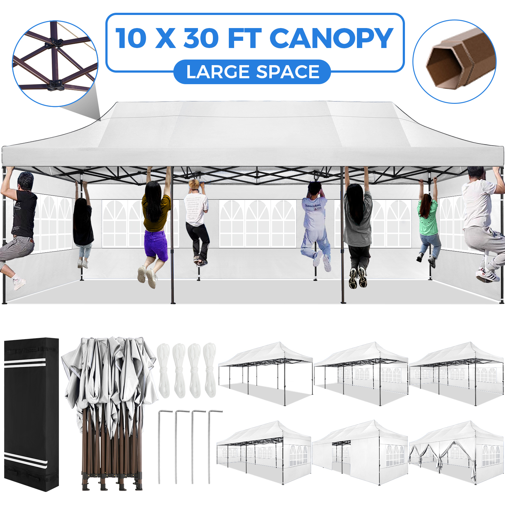 SANOPY Heavy Duty 10'x 30' Pop up Canopy, Commercial Canopy, Waterproof Outdoor Party Tent, Instant Wedding Canopy with 8 Removable Sidewalls, Carrying Bag, 147Ibs, White