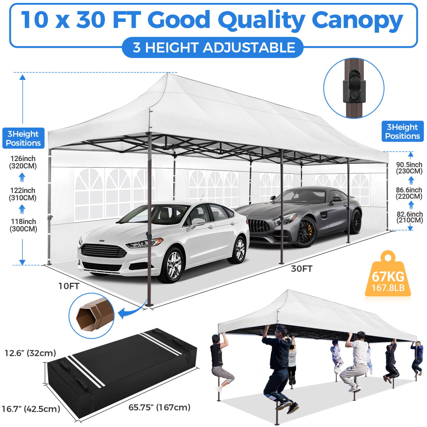 SANOPY Heavy Duty 10'x 30' Pop up Canopy, Commercial Canopy, Waterproof Outdoor Party Tent, Instant Wedding Canopy with 8 Removable Sidewalls, Carrying Bag, 147Ibs, White