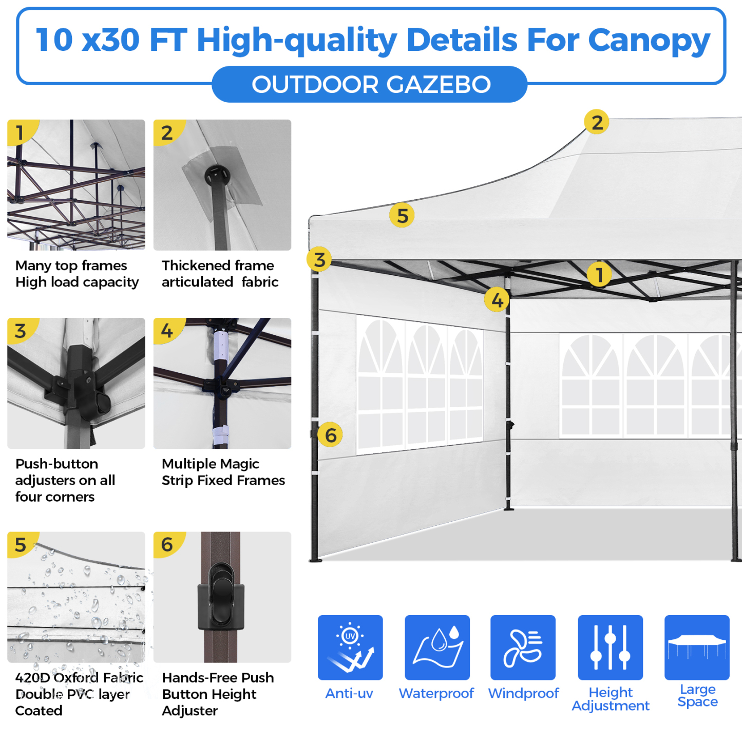 SANOPY Heavy Duty 10'x 30' Pop up Canopy, Commercial Canopy, Waterproof Outdoor Party Tent, Instant Wedding Canopy with 8 Removable Sidewalls, Carrying Bag, 147Ibs, White