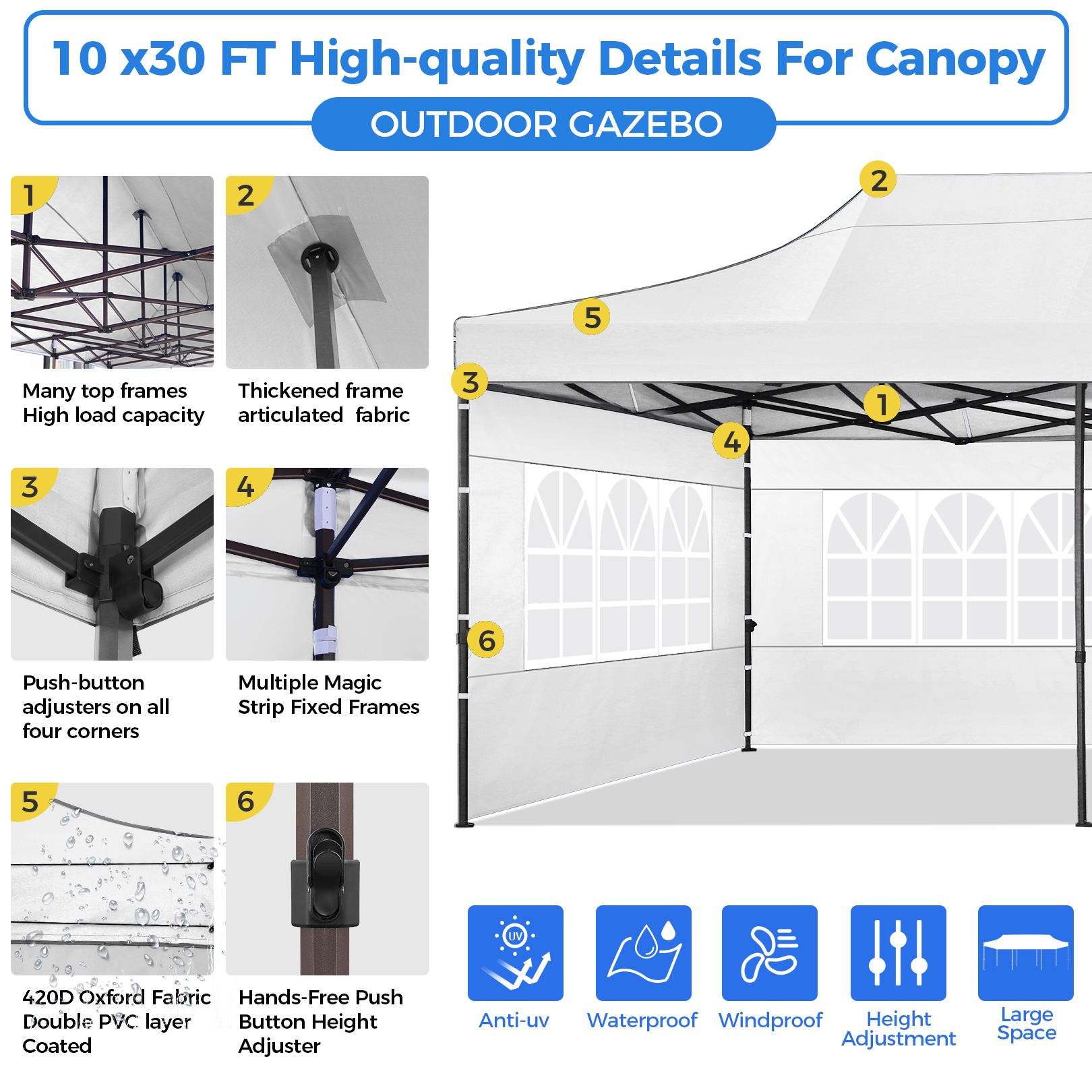 SANOPY Heavy Duty 10'x 30' Pop up Canopy, Commercial Canopy, Waterproof Outdoor Party Tent, Instant Wedding Canopy with 8 Removable Sidewalls, Carrying Bag, 147Ibs, White