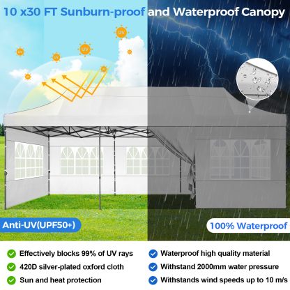 SANOPY Heavy Duty 10'x 30' Pop up Canopy, Commercial Canopy, Waterproof Outdoor Party Tent, Instant Wedding Canopy with 8 Removable Sidewalls, Carrying Bag, 147Ibs, White