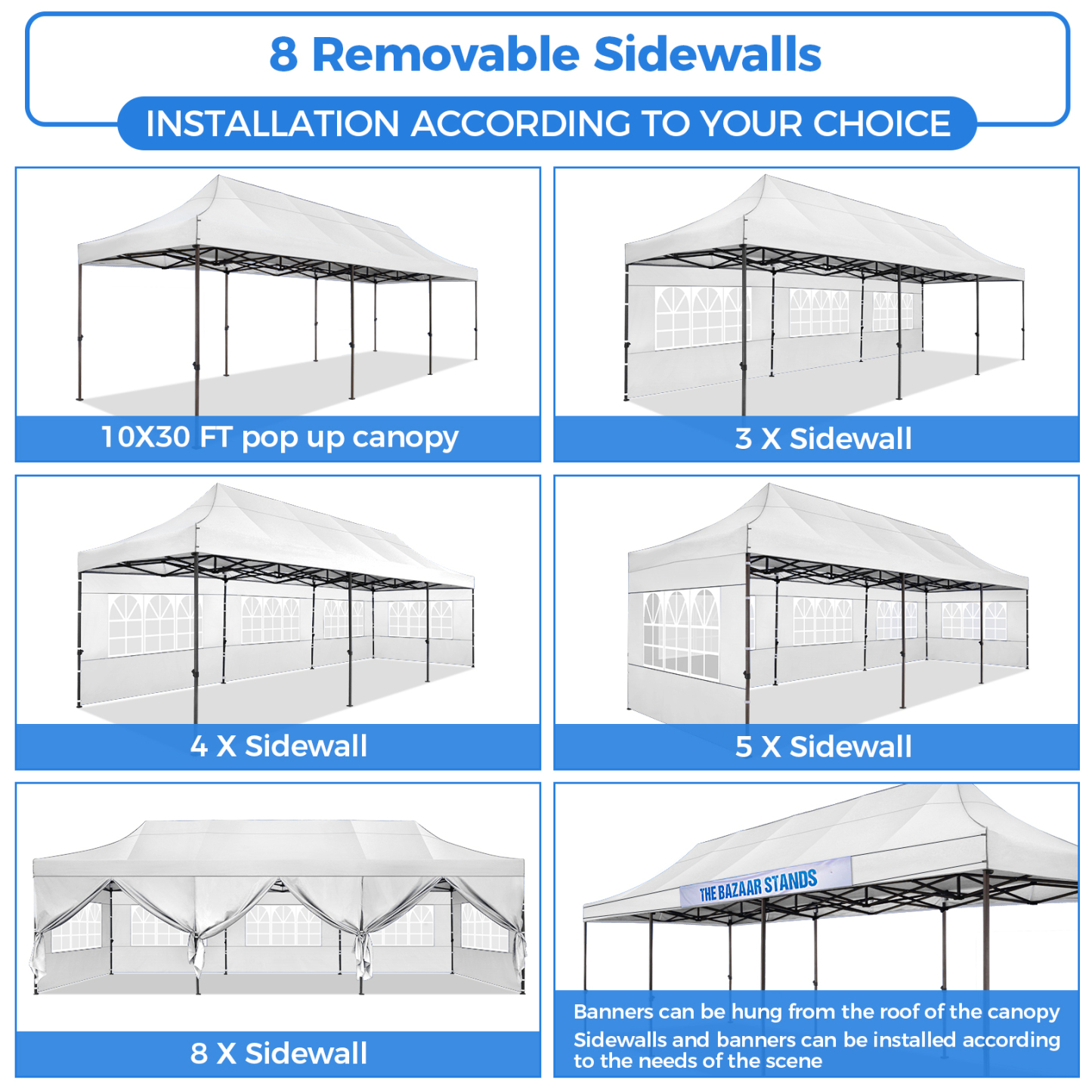 SANOPY Heavy Duty 10'x 30' Pop up Canopy, Commercial Canopy, Waterproof Outdoor Party Tent, Instant Wedding Canopy with 8 Removable Sidewalls, Carrying Bag, 147Ibs, White