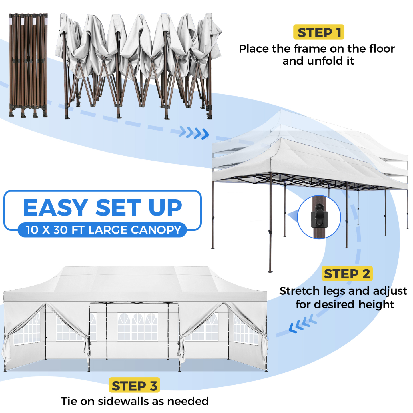 SANOPY Heavy Duty 10'x 30' Pop up Canopy, Commercial Canopy, Waterproof Outdoor Party Tent, Instant Wedding Canopy with 8 Removable Sidewalls, Carrying Bag, 147Ibs, White